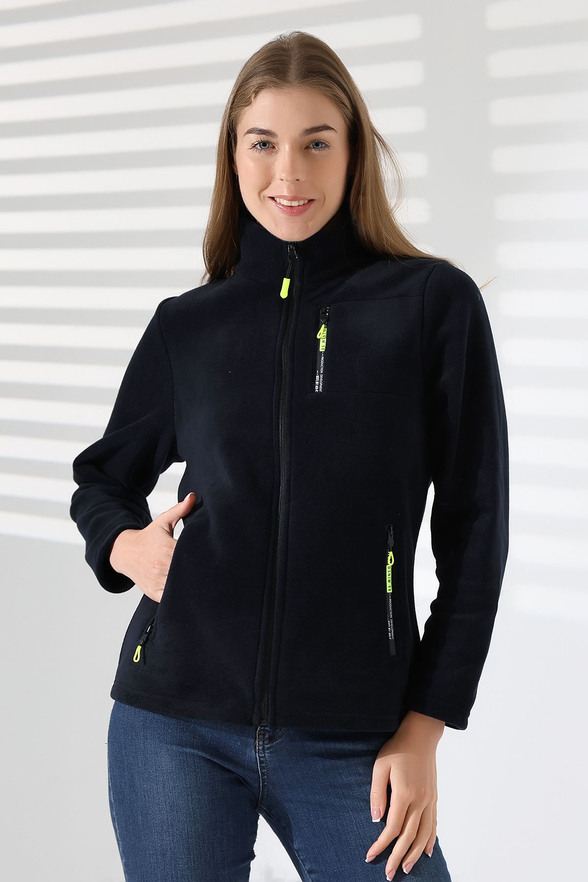 TİJA-Women's Zippered Pocket, Navy Blue Fleece Cardigan, Jacket 2