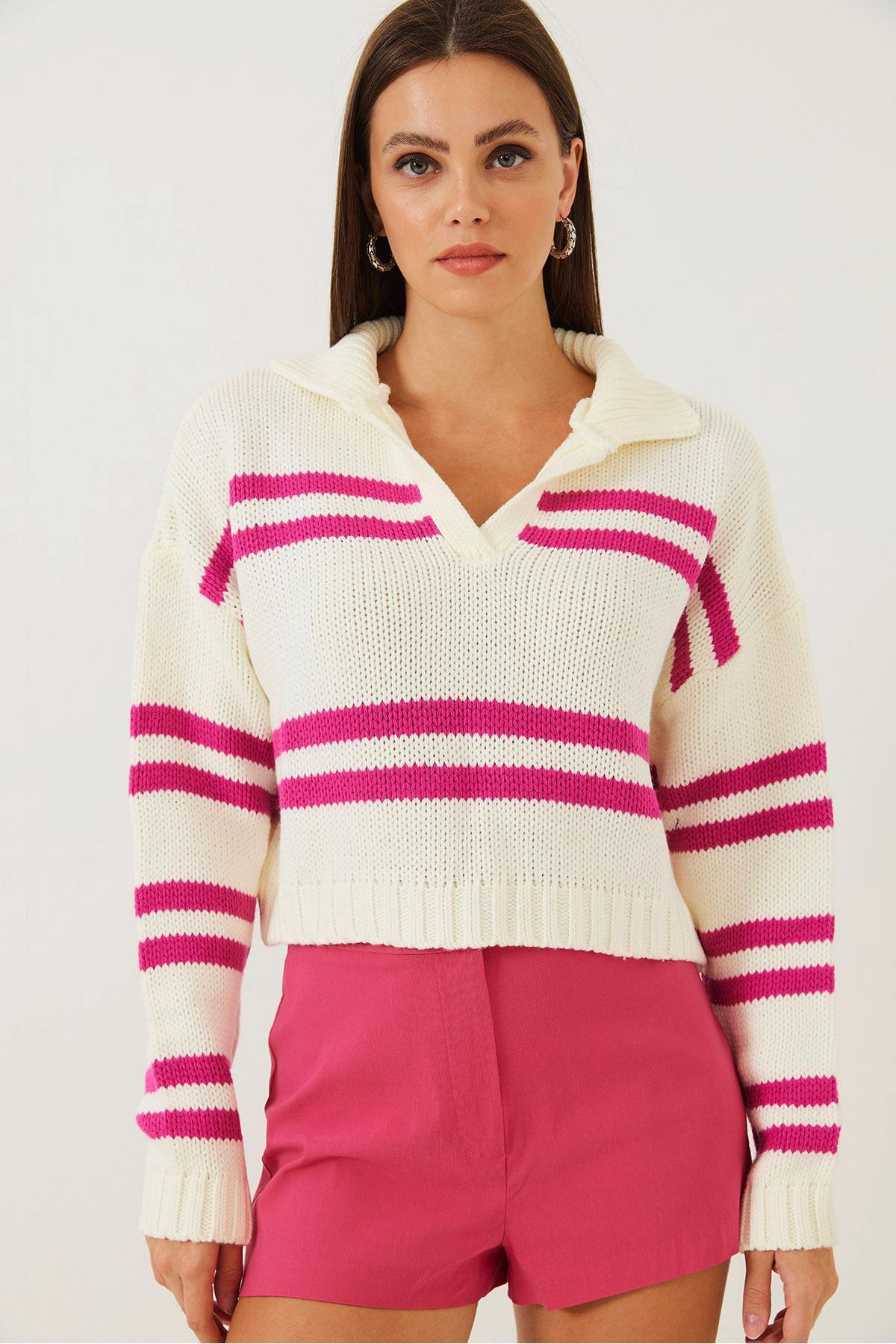 Bianco Lucci-Pulover de damă din tricot cu dungi cu gât polo 4