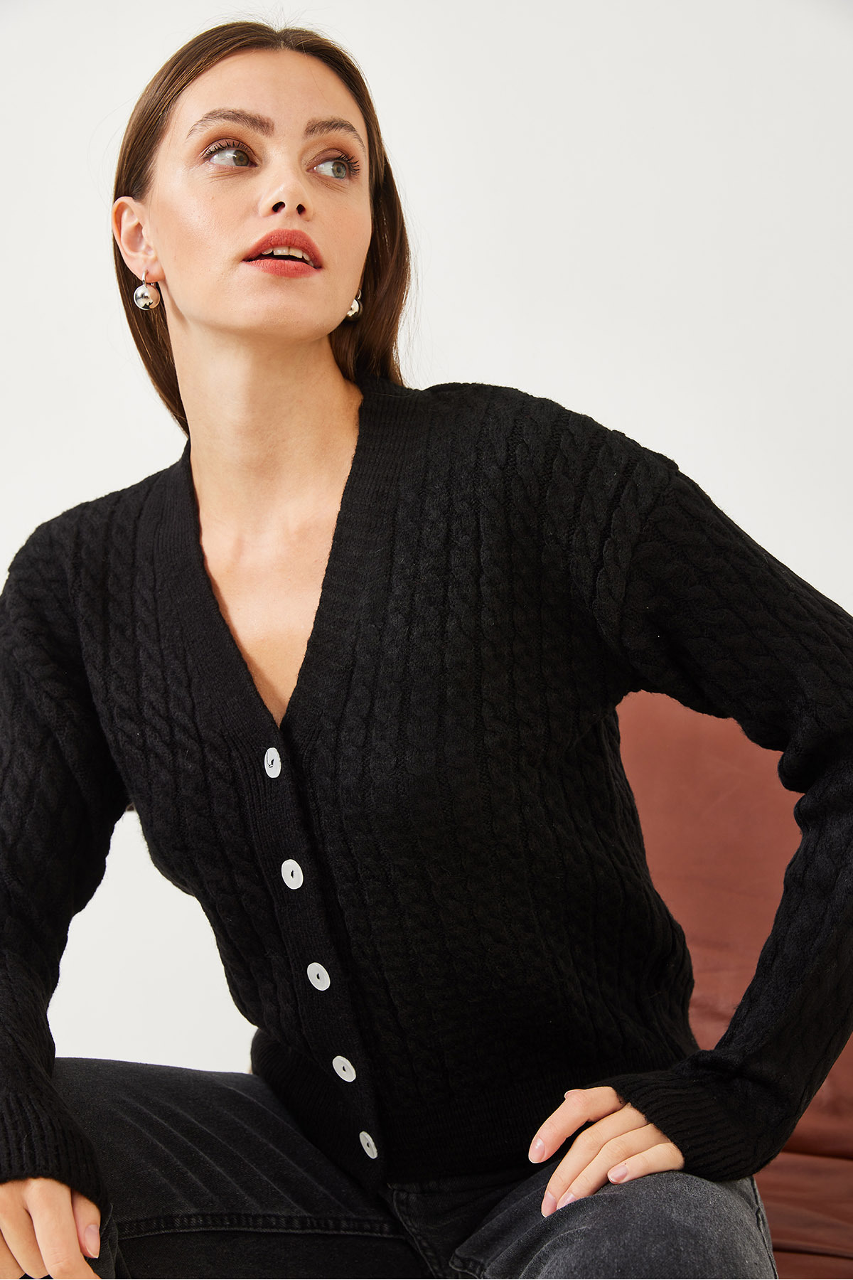 Bianco Lucci  Kadın Saç Örgülü Düğmeli Triko Hırka 20234224 - Görsel 6