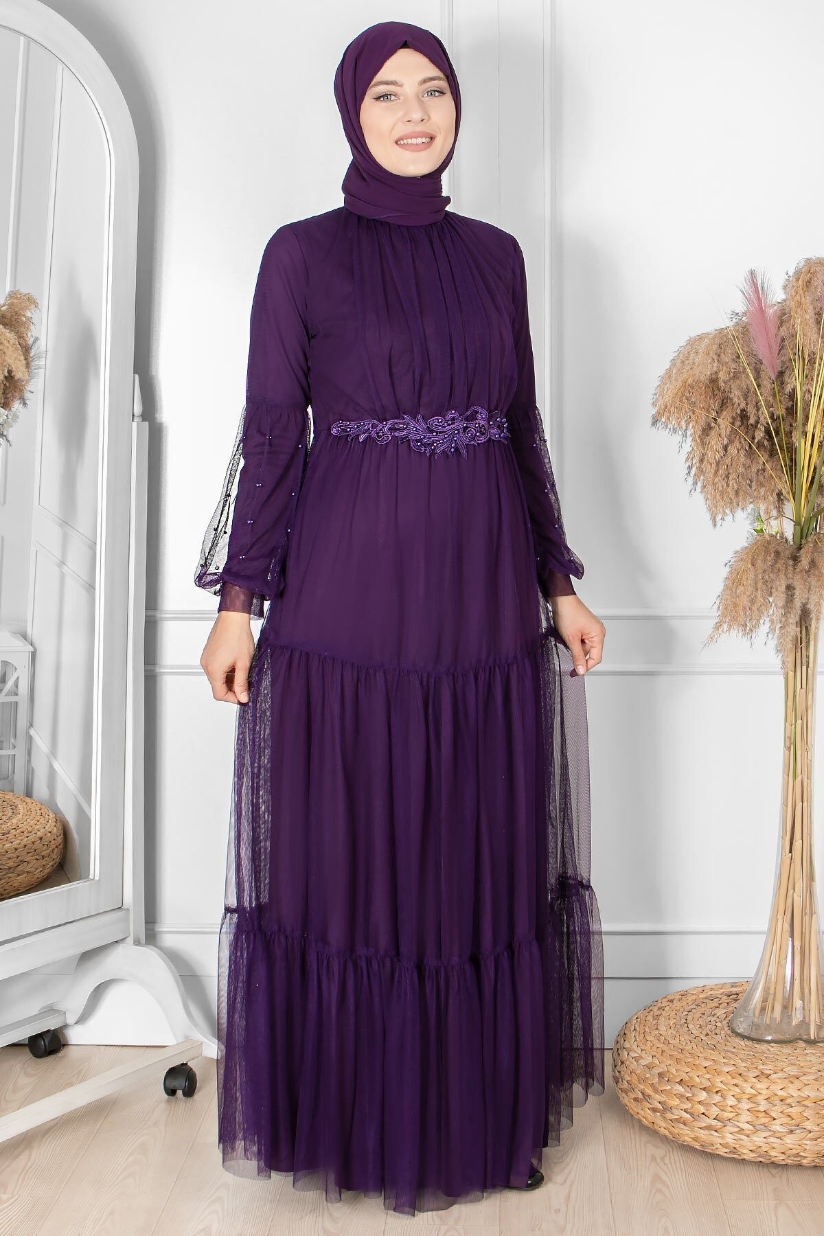 SUBU TASARIM-Purple Tulle Evening Dress - Ruffle and Guipure Embroidered Tbs864 7