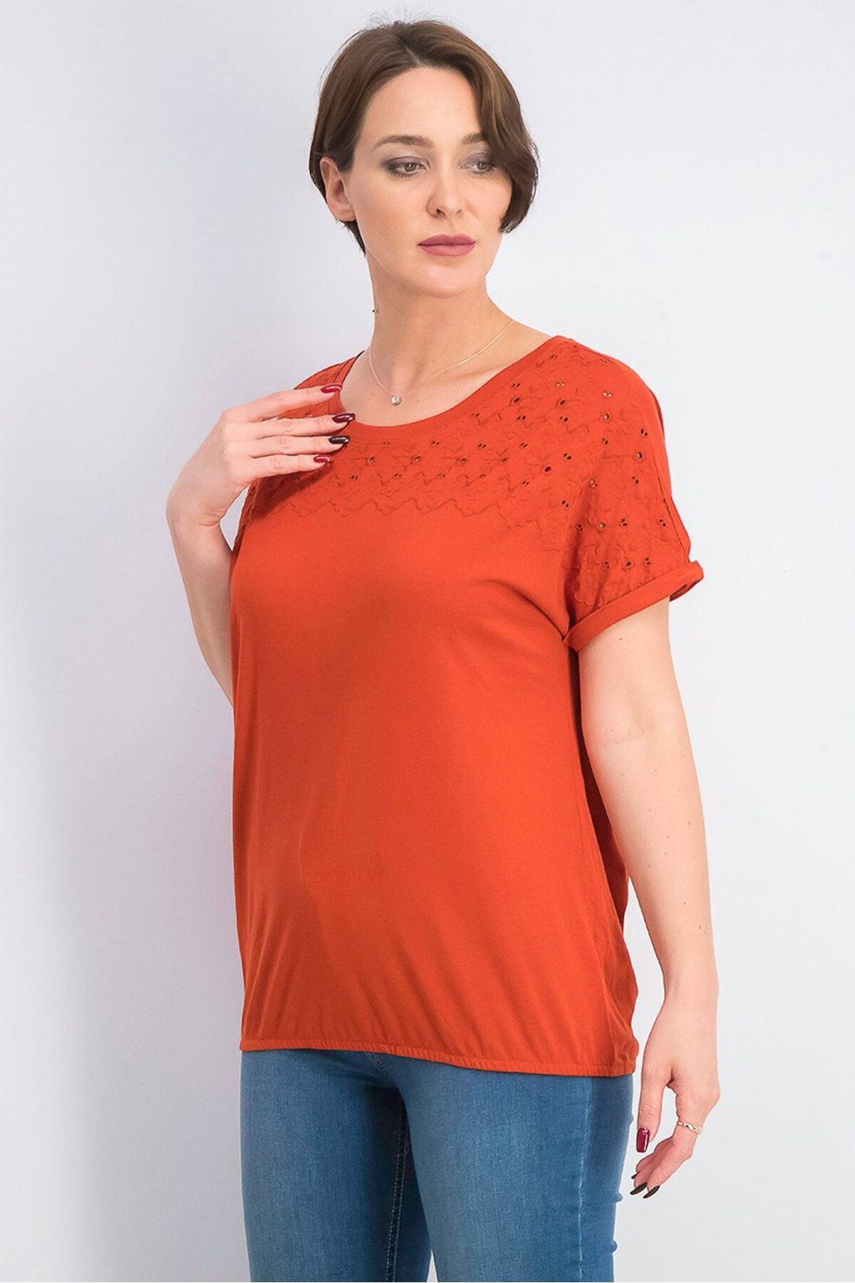 Tchibo-Women Crew Neck Short Sleeved Plain Tops, Rust Red 3