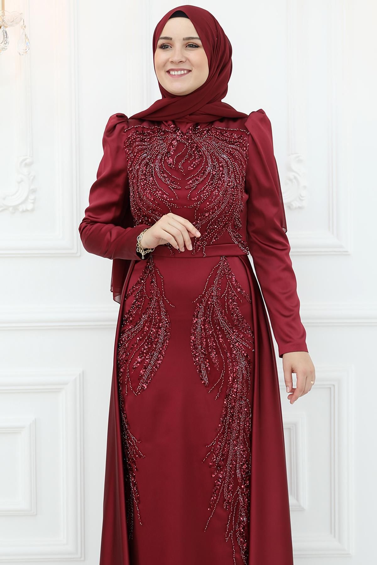 Amine Hüma-Arya Satin Evening Dress Claret Red 1