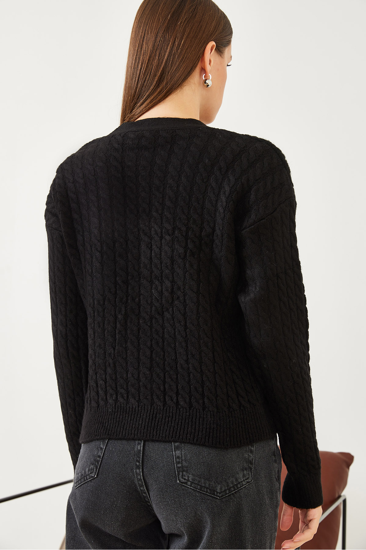 Bianco Lucci  Kadın Saç Örgülü Düğmeli Triko Hırka 20234224 - Görsel 4