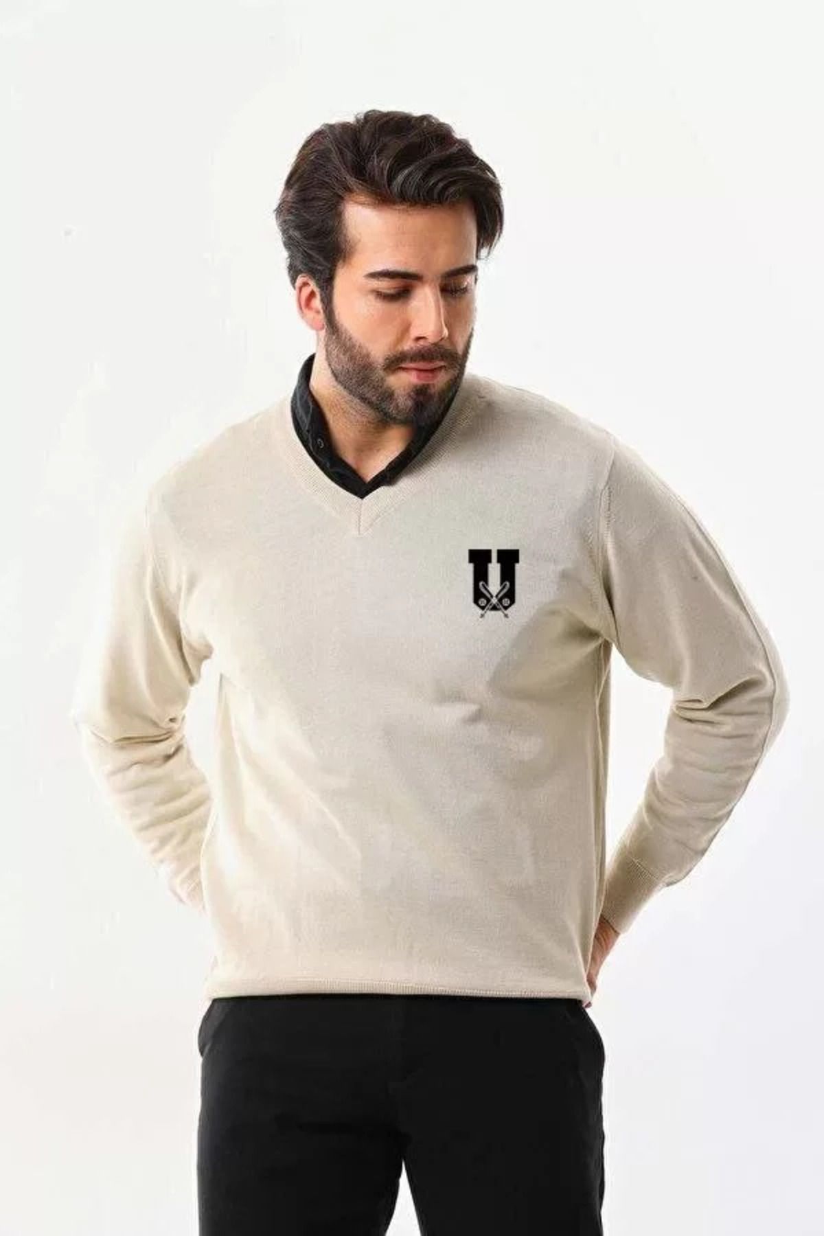 C&Z Collection Baskılı V Yaka Uzun Kol Dokuma Triko - Bej