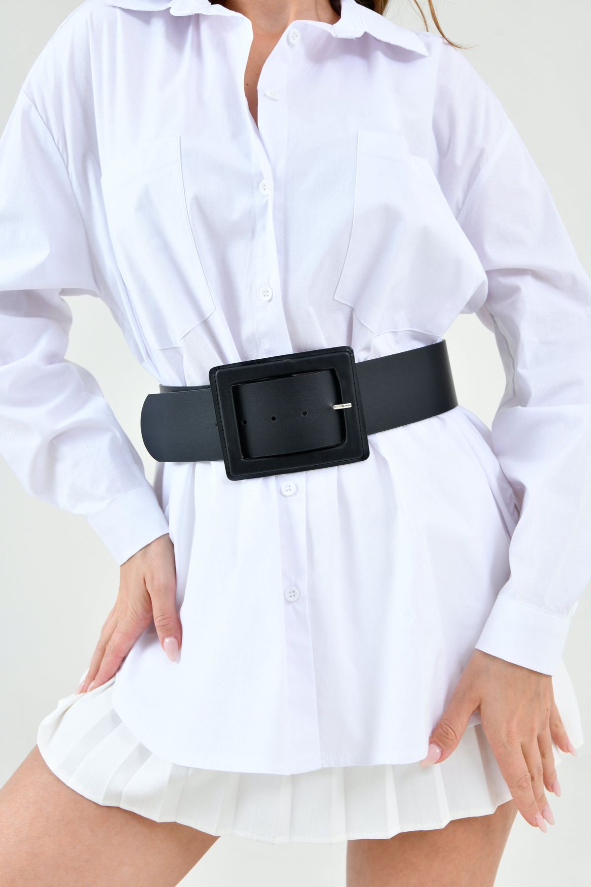 bayansepeti-Faux Leather Stylish Design Buckle Wide Band Clothing Accessory Black Belt 15525 3