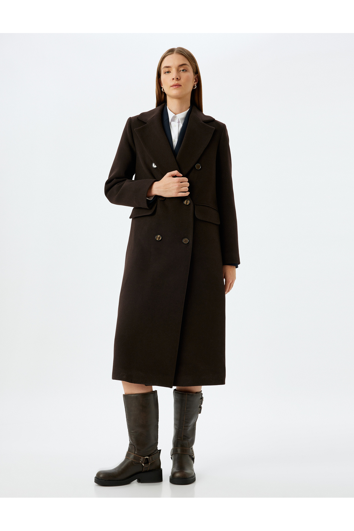 Koton  Cepli Düğmeli Kruvaze Ekstra Uzun Kaban - Görsel 3