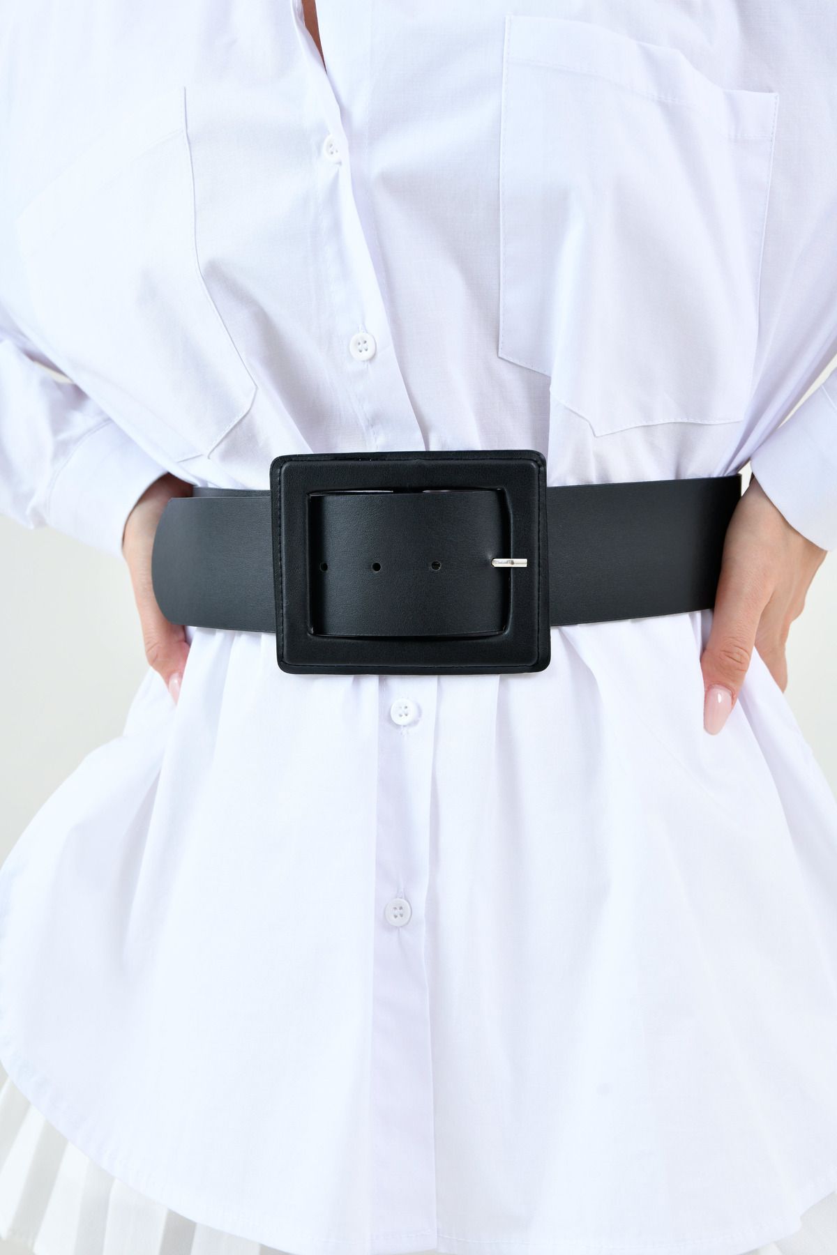 bayansepeti-Faux Leather Stylish Design Buckle Wide Band Clothing Accessory Black Belt 15525 4