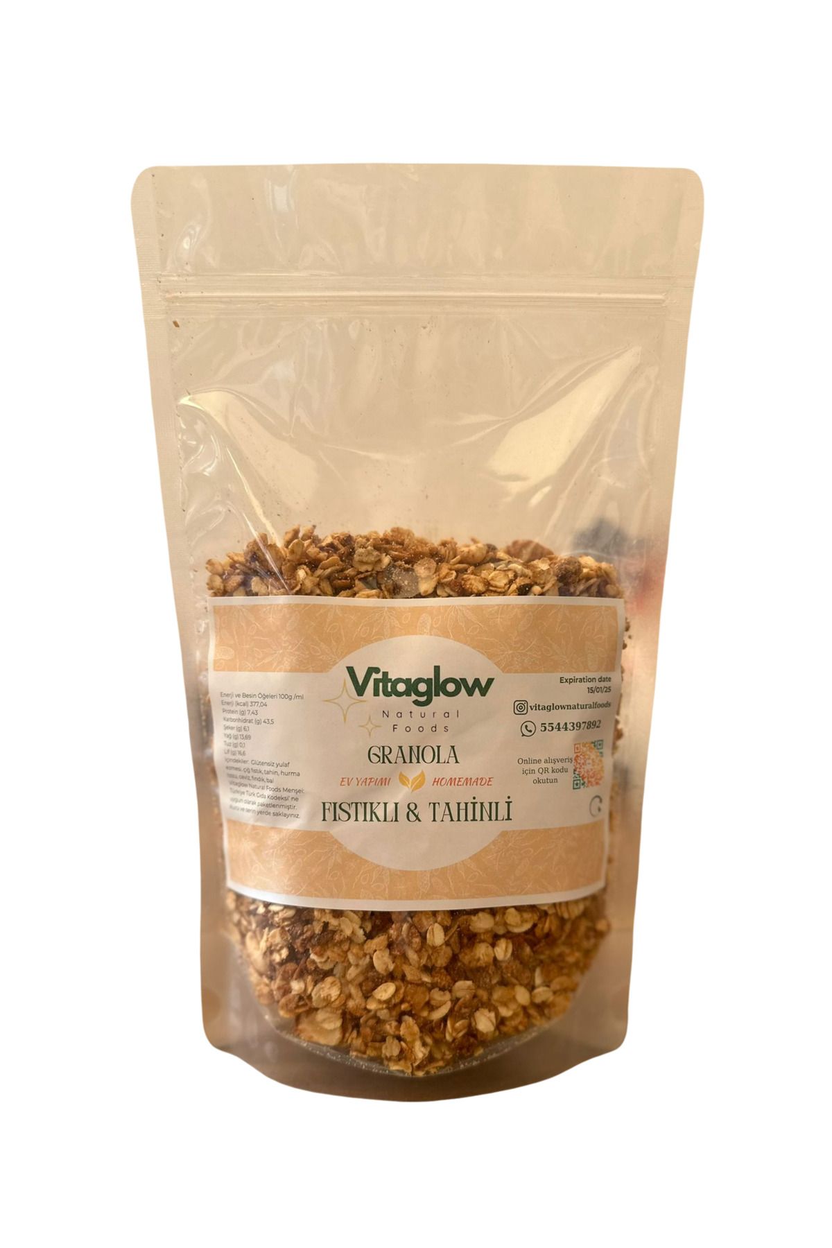 Vitaglow Granola Fıstık & Tahin (300 GR.) Katkısız , Sağlıklı Atıştırmalık Şeffaf Paket