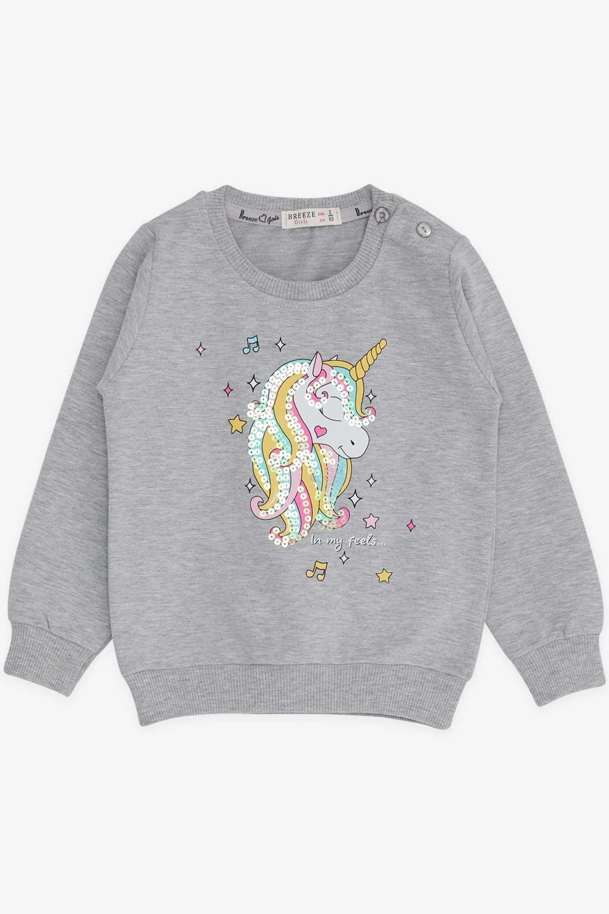 Breeze Kız Çocuk Sweatshirt Baskılı Pullu Unicorn 2-6 Yaş, Gri Melanj fotoğrafı 5 (önizleme)