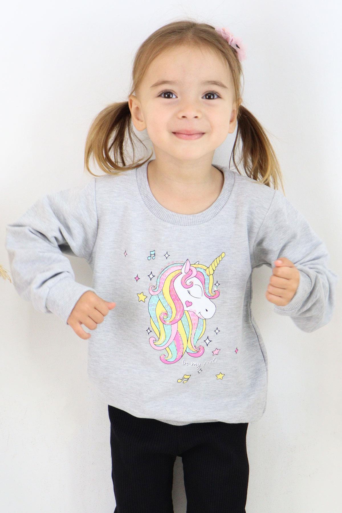 Breeze Kız Çocuk Sweatshirt Baskılı Pullu Unicorn 2-6 Yaş, Gri Melanj fotoğrafı 4 (önizleme)