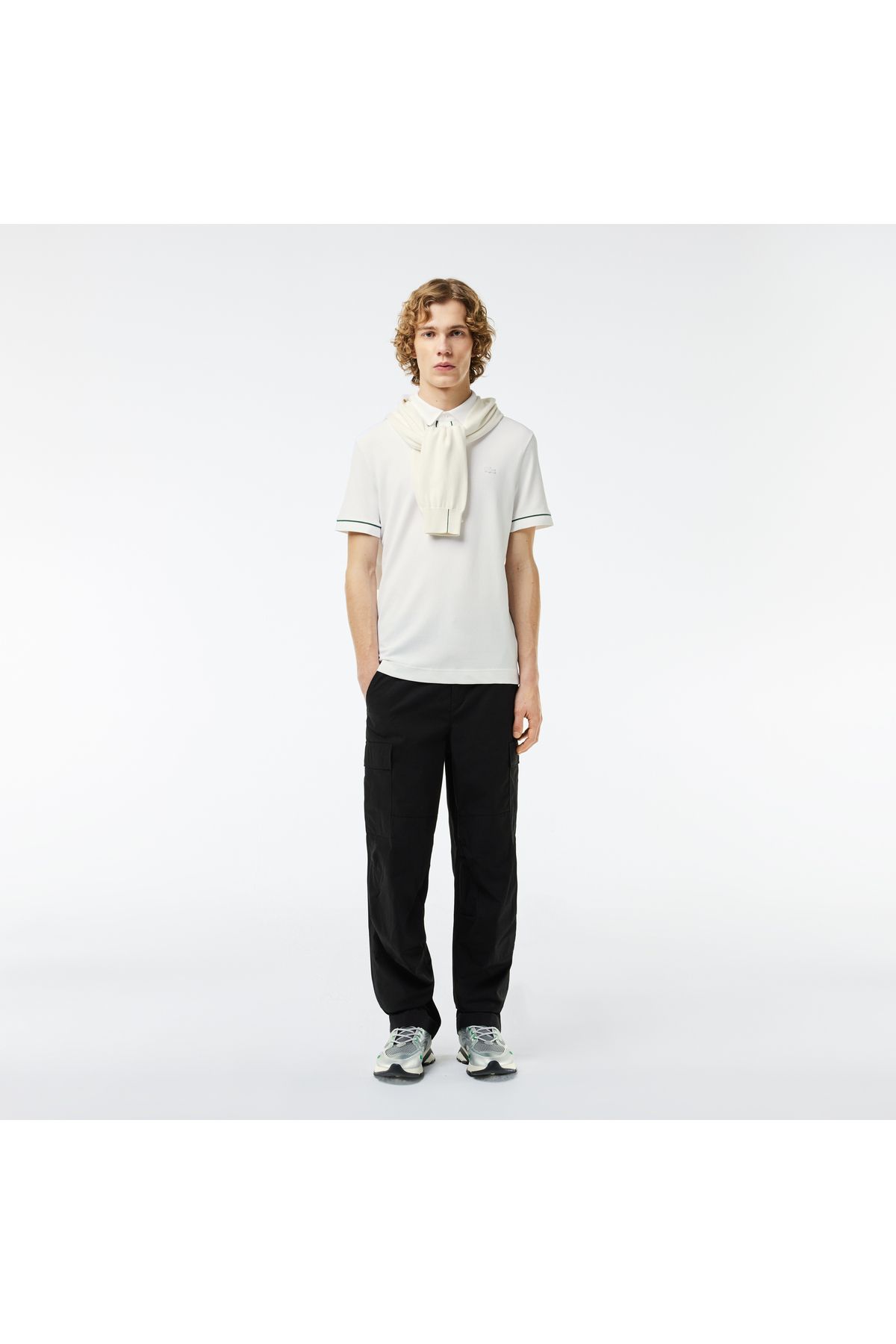 تی شرت یقه پولو سفید مردانه چوگان پنبه ارگانیک مناسب Lacoste