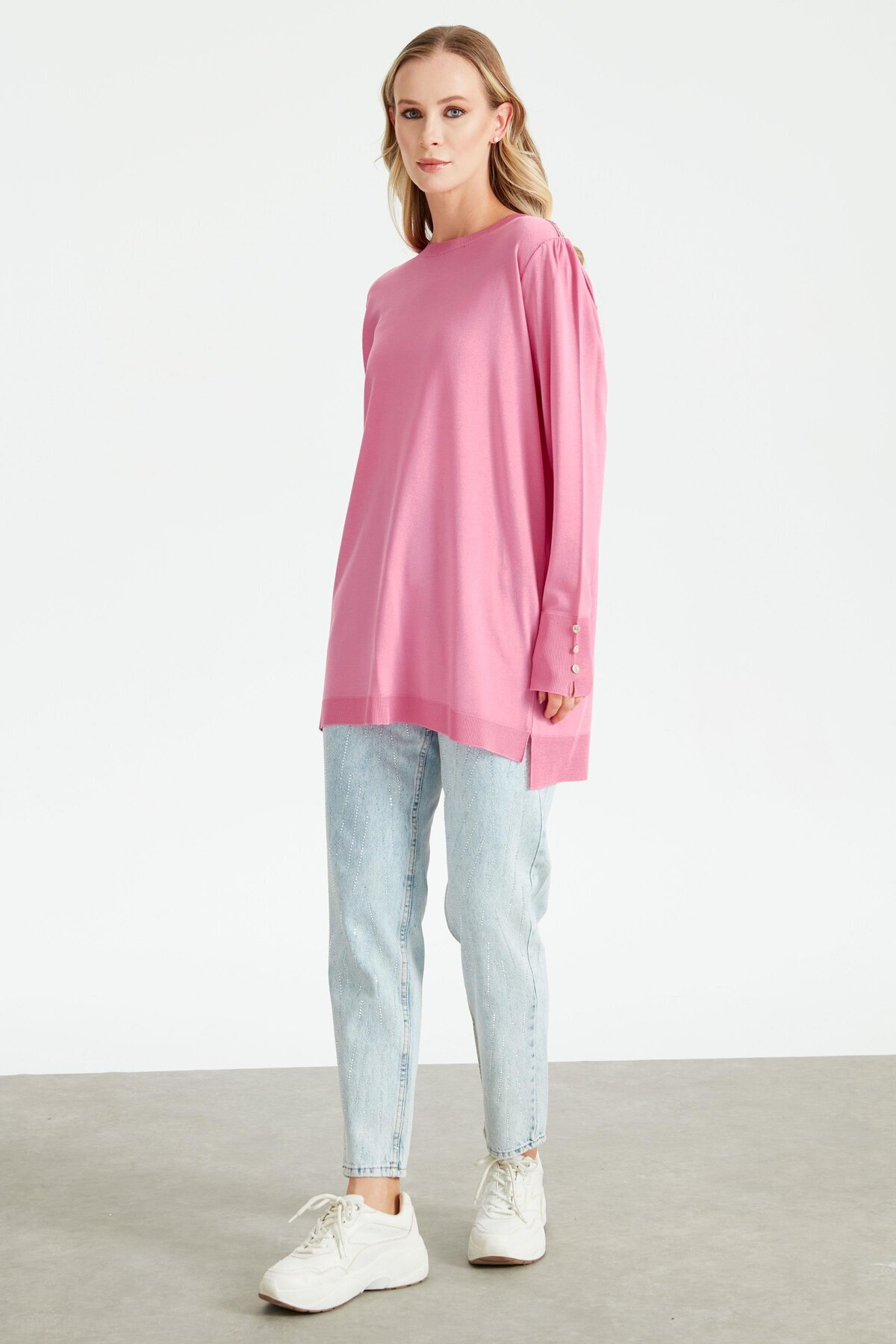 Tığ Triko-RAYON TUNIC WITH BUTTON DETAIL WITH STRINGED ARMS PINK 1