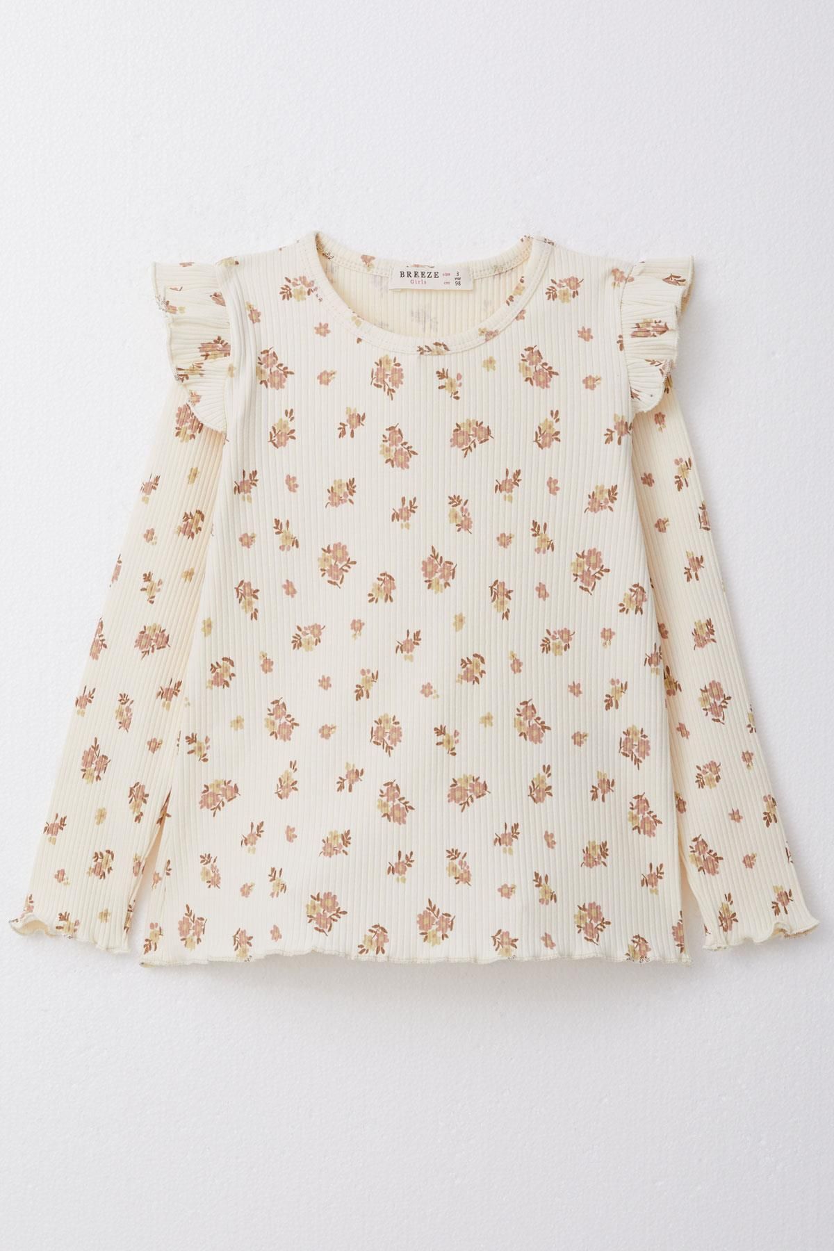 Breeze-Girl's Long Sleeve T-Shirt Floral Frilly Shoulder Age 2-6, Cream 1