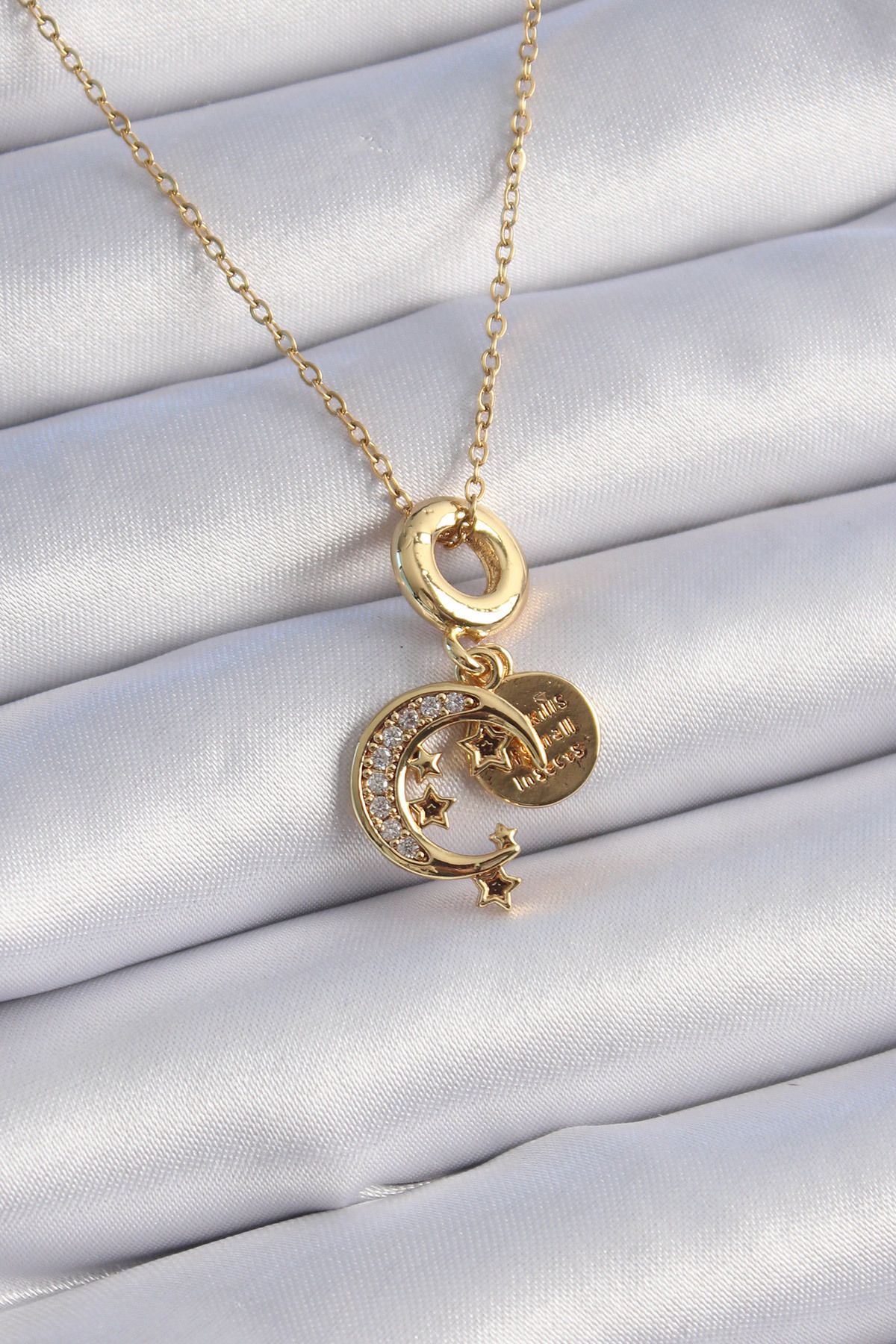 Evinso 316L Çelik Gold Renk Zirkon Taşlı Ay Yıldız Model Charm Model Kadın Kolye