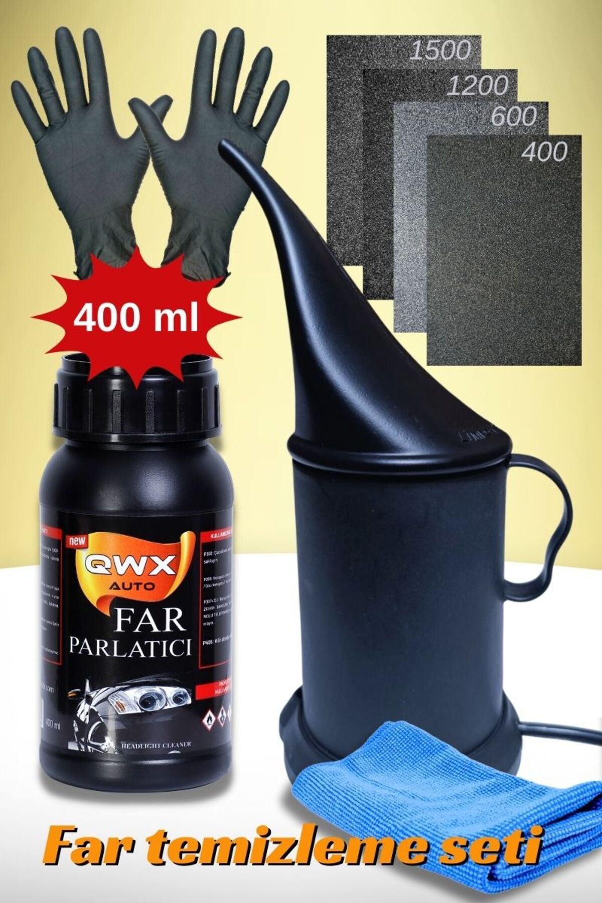 QWAX Araç Far Temizleme Parlatma Seti Oto Far Zımpara Set Ve Sıvı Isıtıcı Buhar Makinesi 250ml