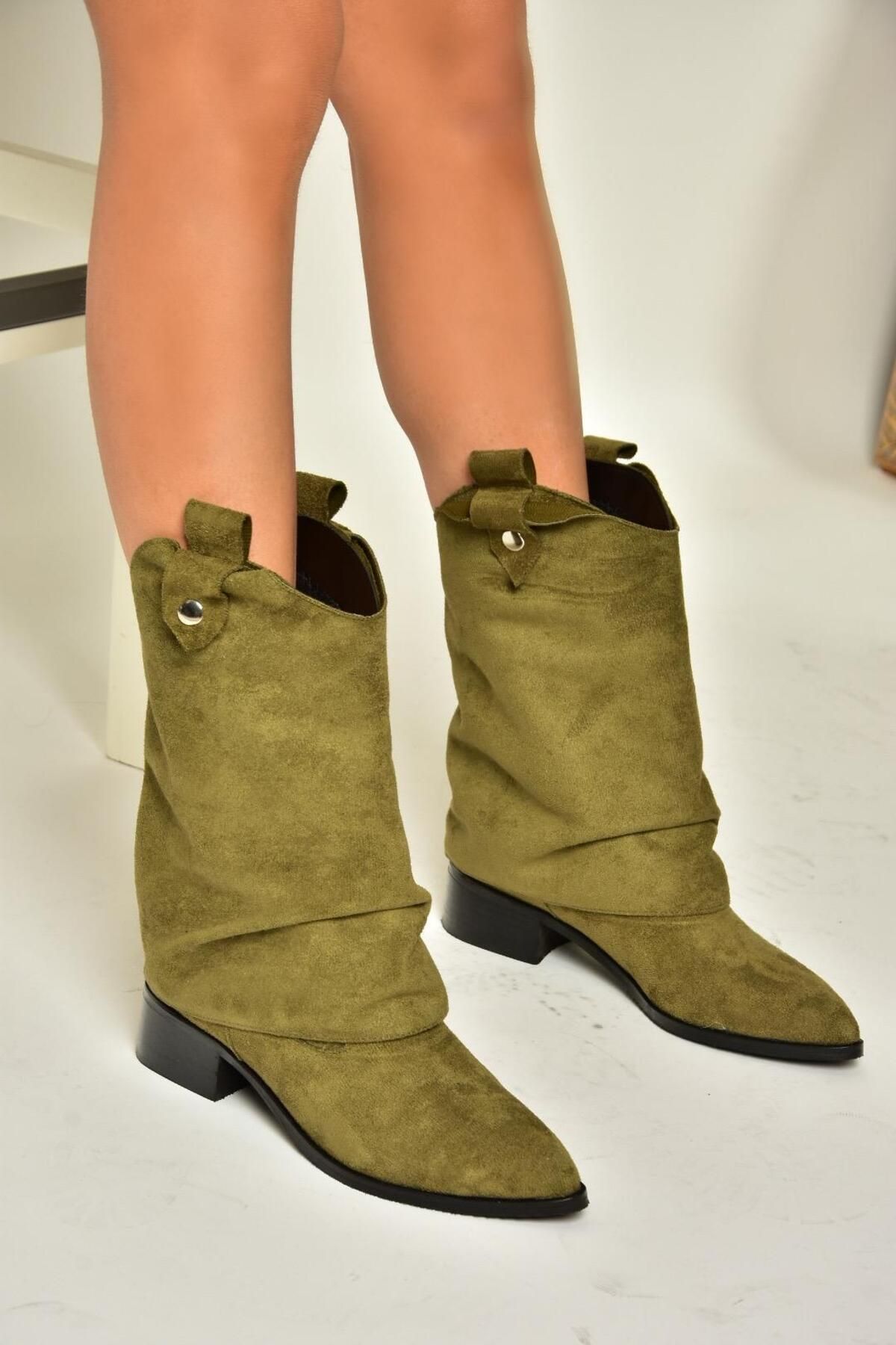 Fox Shoes-Τ 723972202   Γυναικείες μπότες πράσινες σουέτ με χαμηλό τακούνι 3
