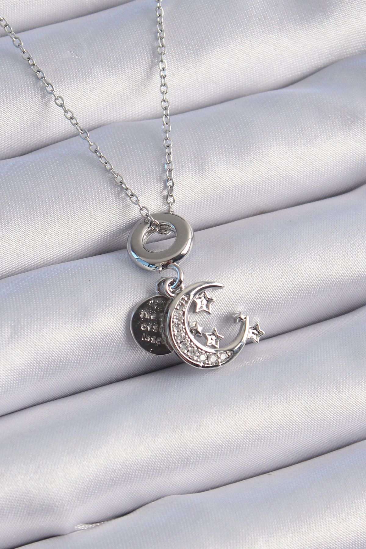 MMB Boutique 316L Çelik Gümüş Renk Zirkon Taşlı Ay Yıldız Figür Charm Model Kadın Kolye