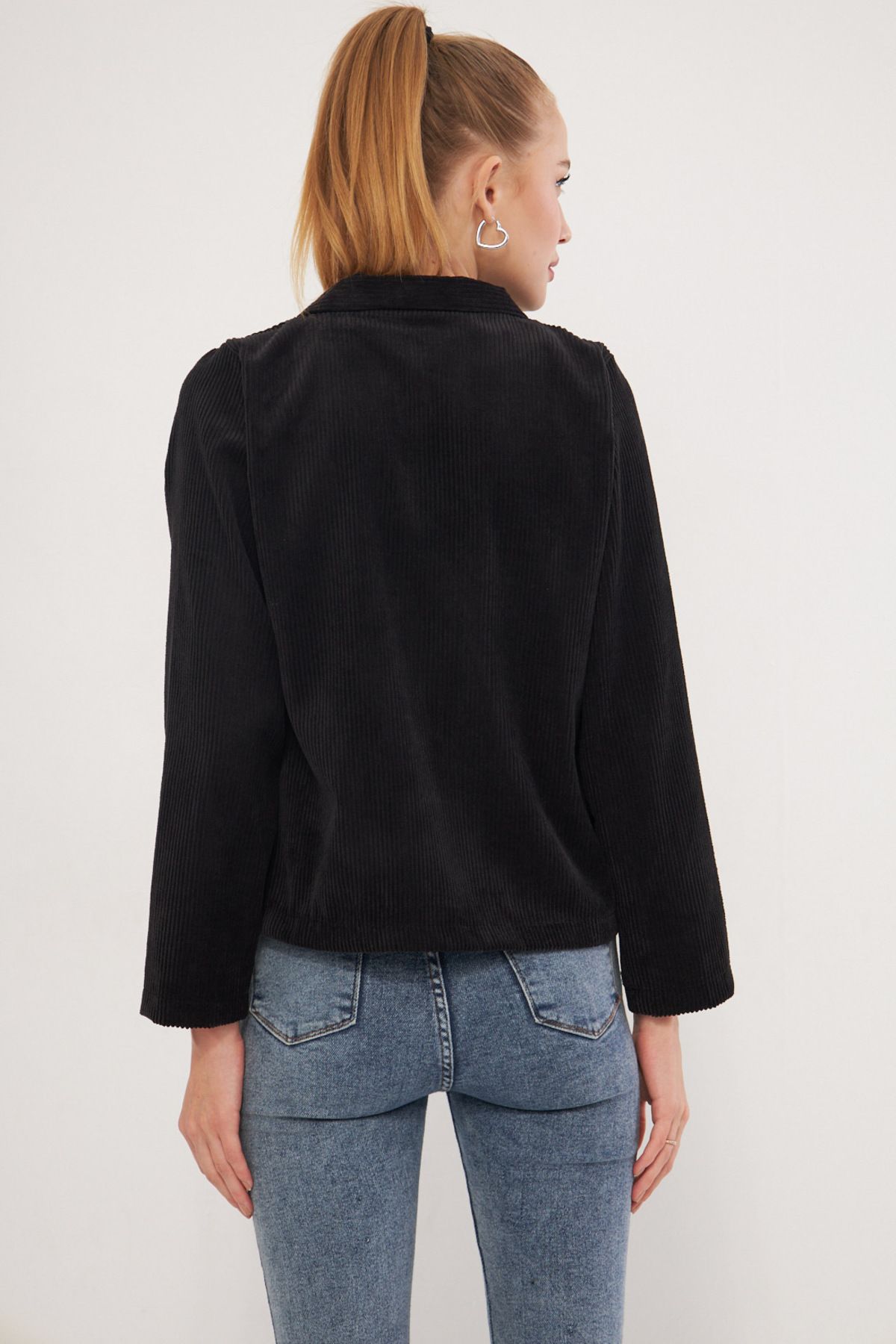 armonika-Women's Black Velvet Jacket with Pocket Flap Arm-25K 001037 5