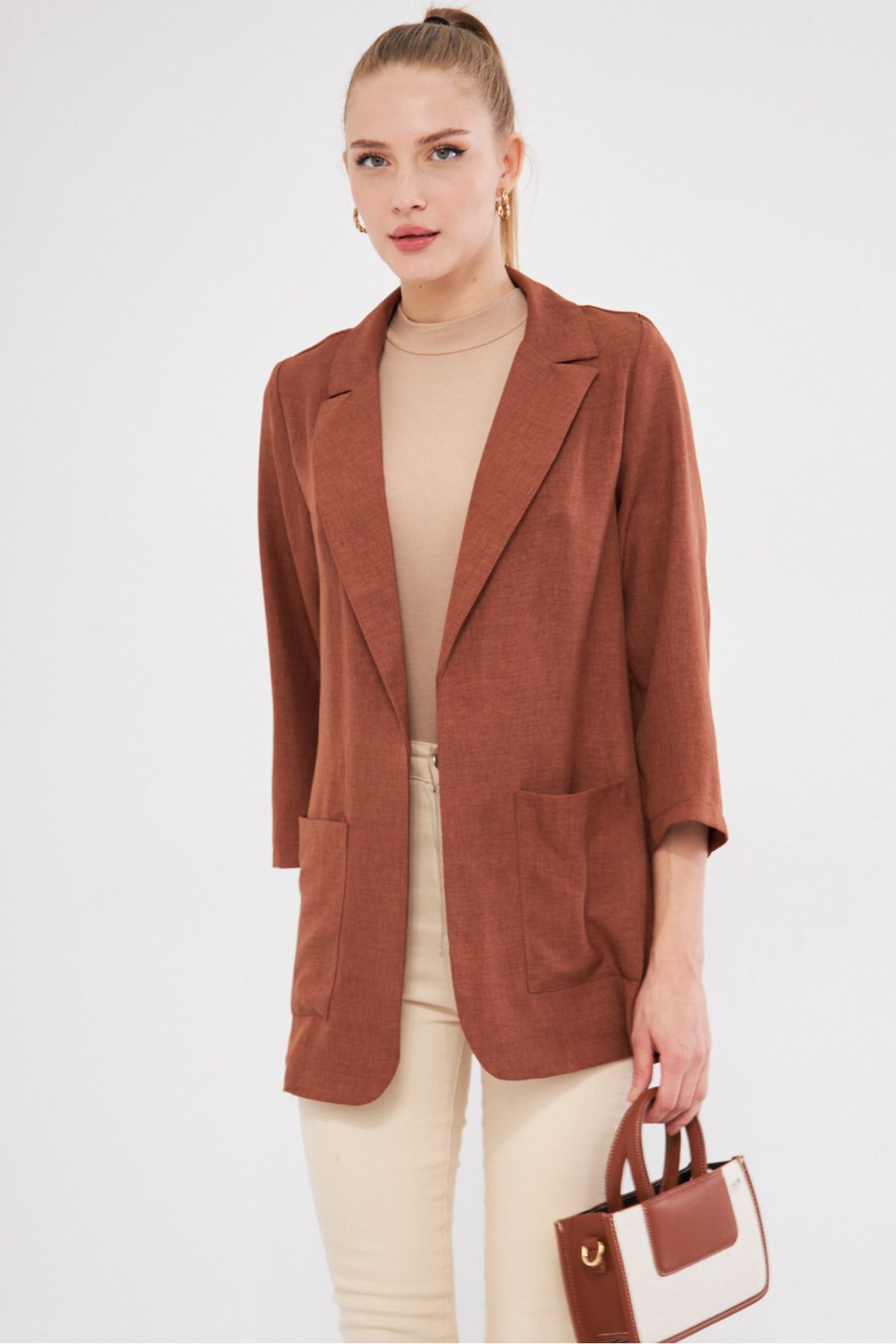 armonika-Women's Brown Oversize Jacket with Pockets Arm-24Y 001115 5