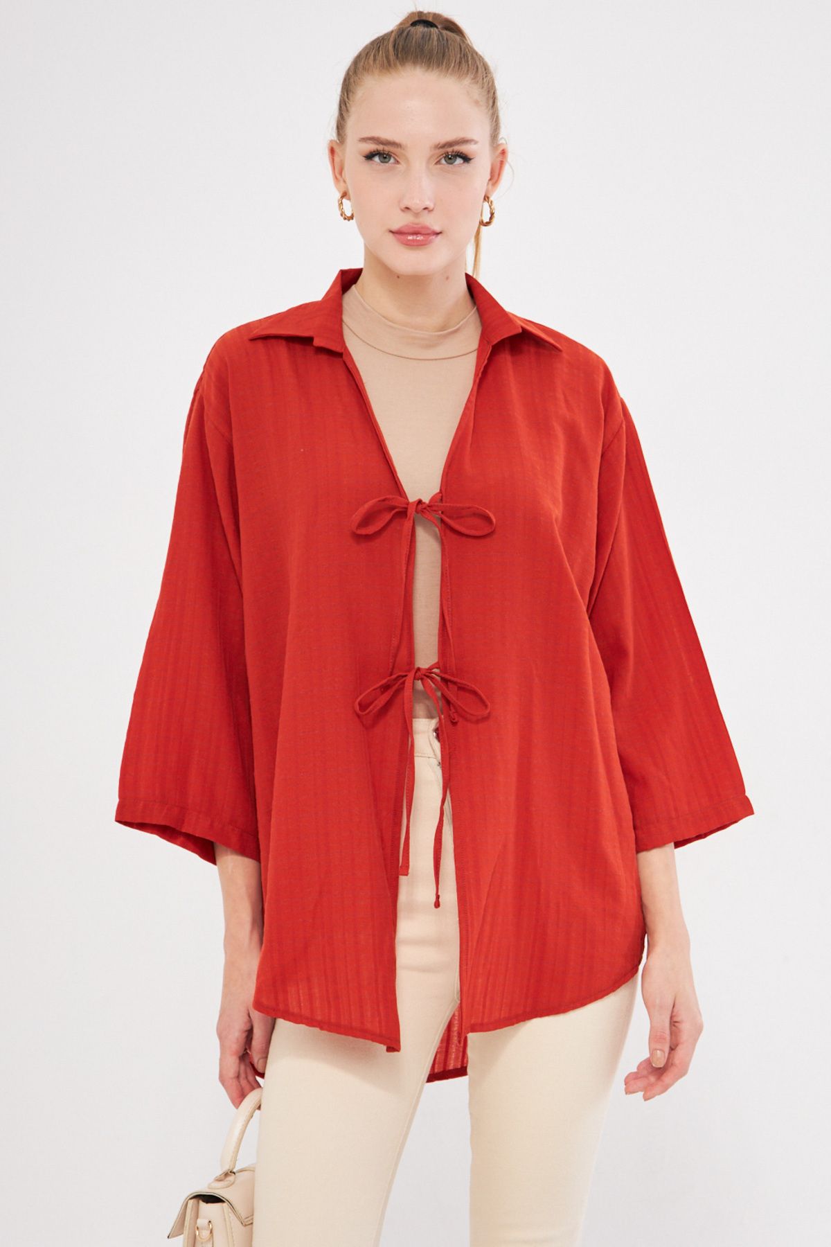 armonika-Brick Colored Women's Kimono Shirt - Collared and Front Lace-Up, Arm-25K 001006 4