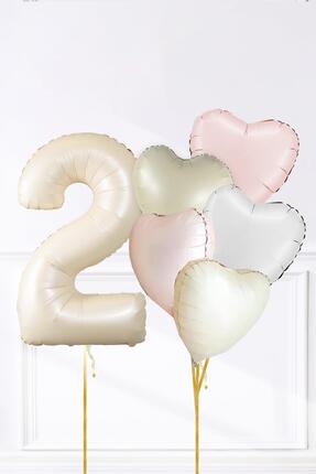 PEKSHOP Saten Pembe Beyaz Retro Krem Renkler Kalp ve Yaş Rakamlı Doğum Günü B...