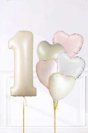 PEKSHOP Saten Pembe Beyaz Retro Krem Renkler Kalp ve Yaş Rakamlı Doğum Günü B...