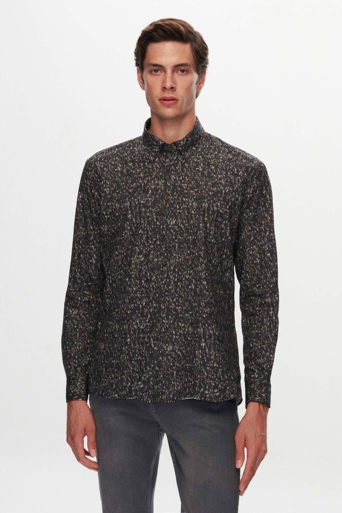 Twn-Slim Fit Khaki Printed Shirt 1