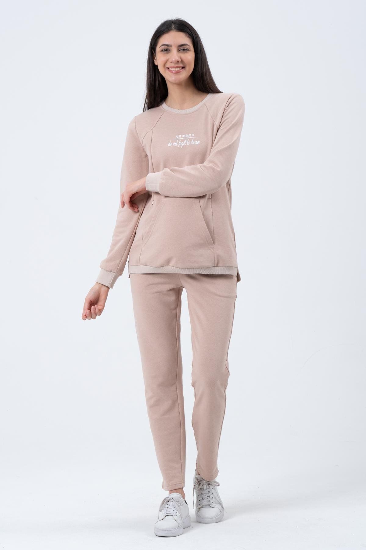 BUSA-Pregnant Breastfeeding Detailed Three Thread Tracksuit Set Beige 2