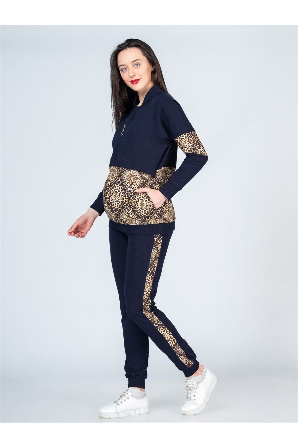 BUSA-Pregnant Leopard Detailed Tracksuit Navy Blue 4
