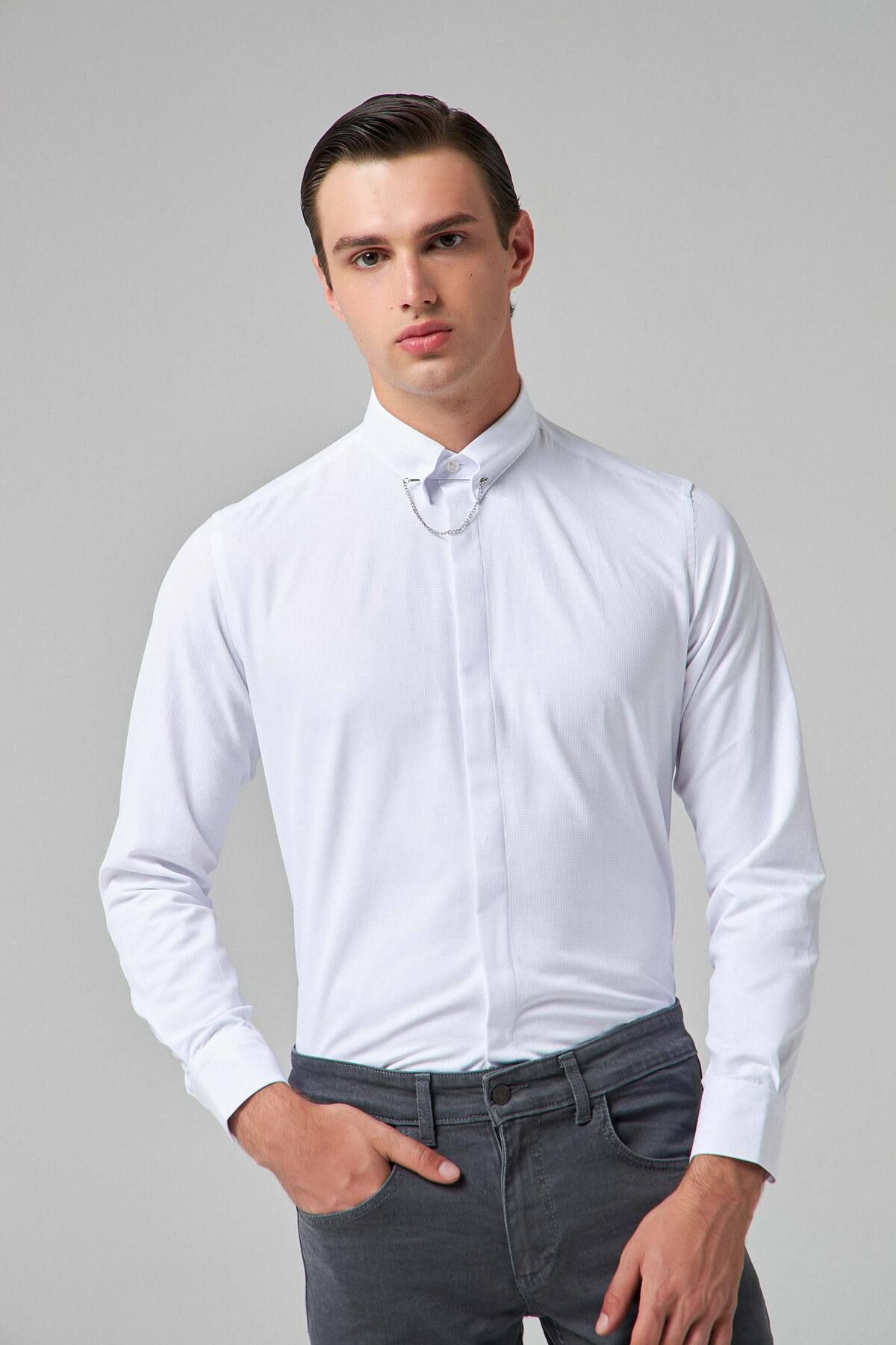 Twn-Slim Fit White Dobby Shirt 1