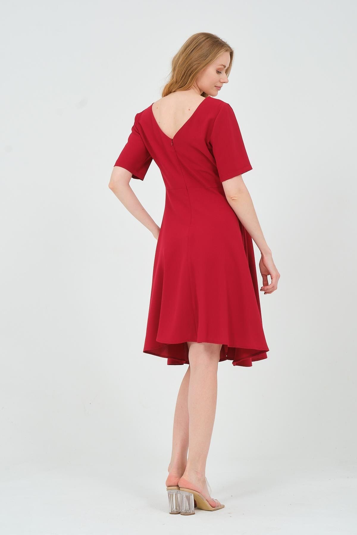 BUSA-Burgundy Maternity Midi Evening Dress - Short Sleeve, Square Collar Dress 4