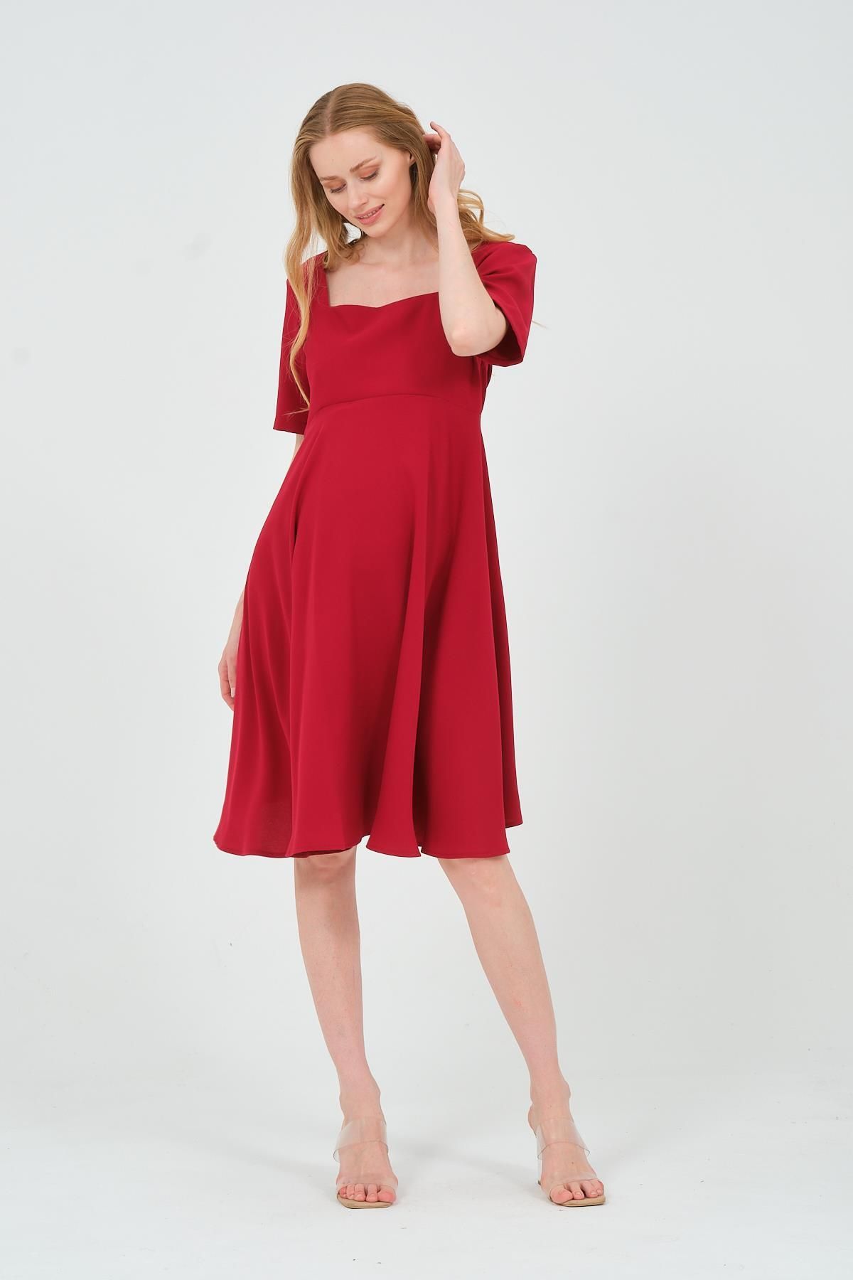 BUSA-Burgundy Maternity Midi Evening Dress - Short Sleeve, Square Collar Dress 3