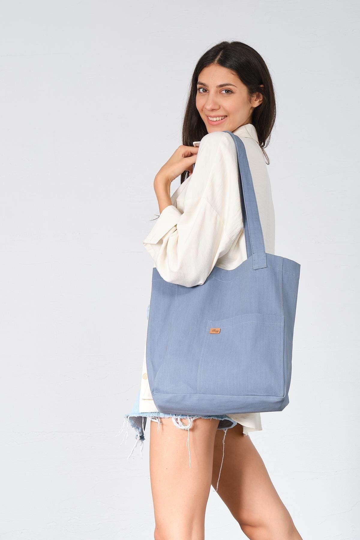 BUSA-Raw Fabric Front Pocket Tote Shoulder Bag Light Blue 3