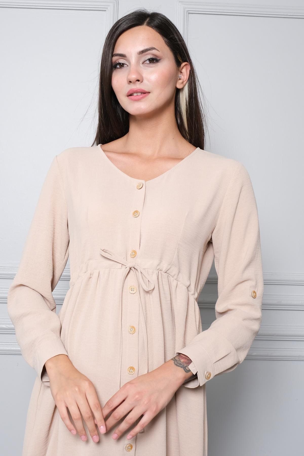 BUSA-Beige Maternity Viscose Dress - Long Sleeve, Buttoned Front and Laced 1