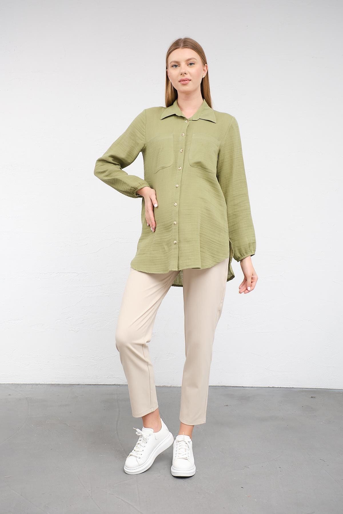 BUSA-Green Linen Shirt - Maternity Sleeve Elastic, Front Pocket 4