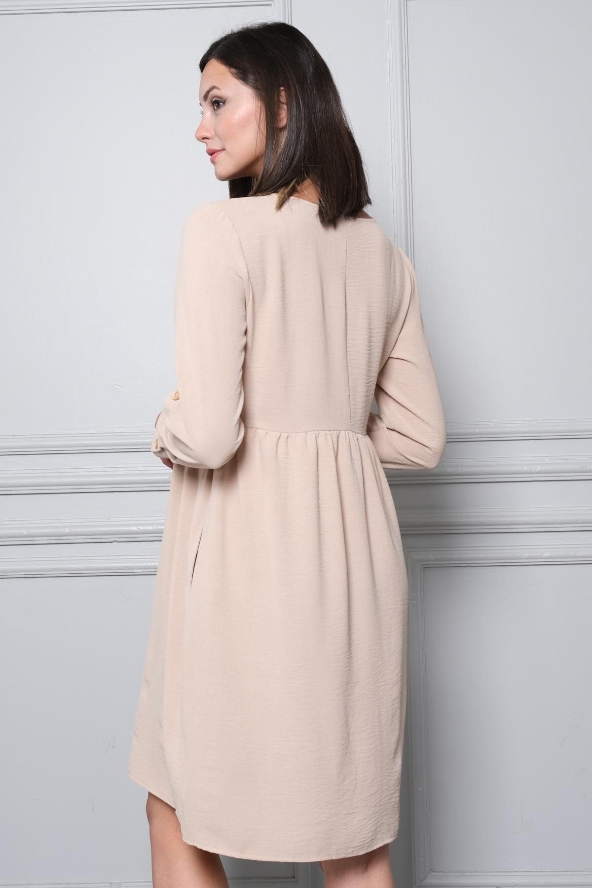 BUSA-Beige Maternity Viscose Dress - Long Sleeve, Buttoned Front and Laced 4