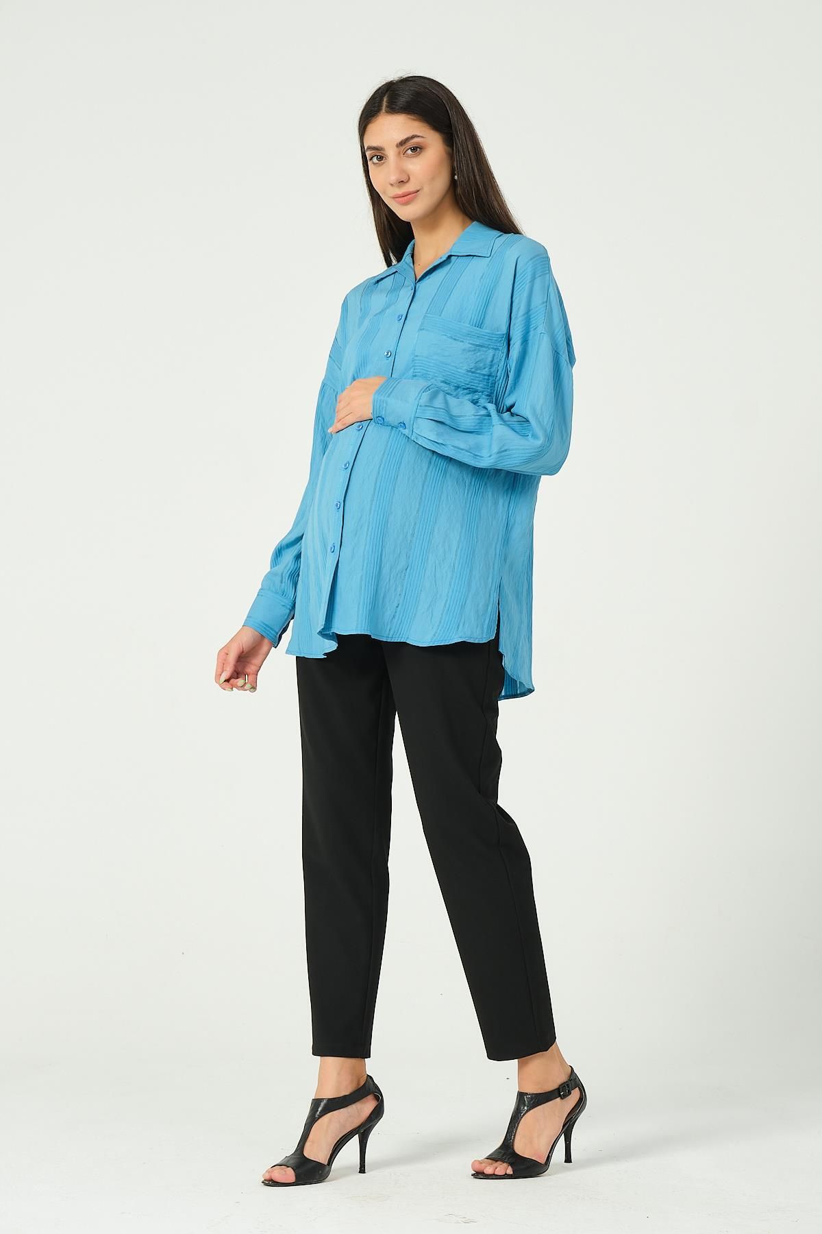 BUSA-Pregnant Front Pocketed Shirt Blue 3