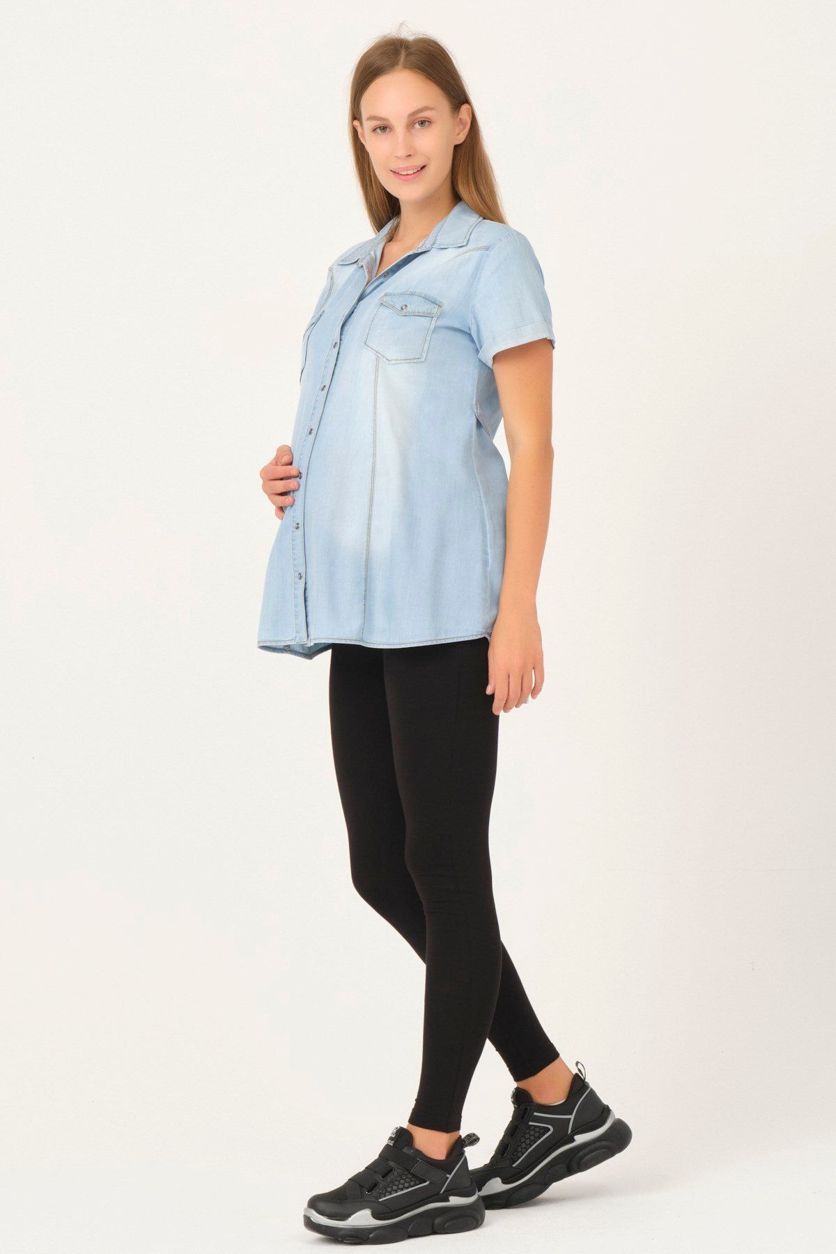 BUSA-Pregnant Front Buttoned Denim Shirt Blue 3