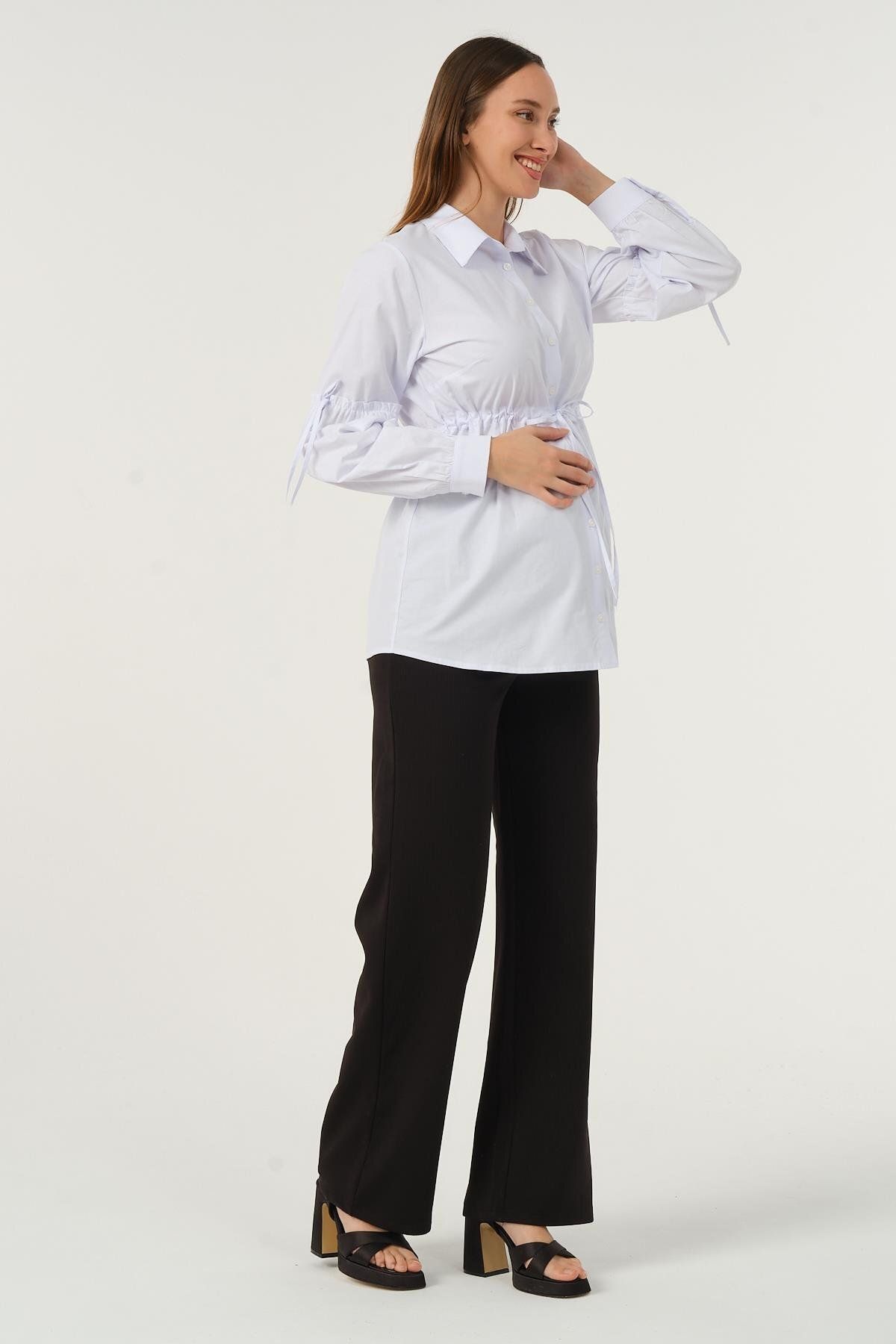 BUSA-White Maternity Shirt - Front Button and Waist Lace Sleeve Detail 2