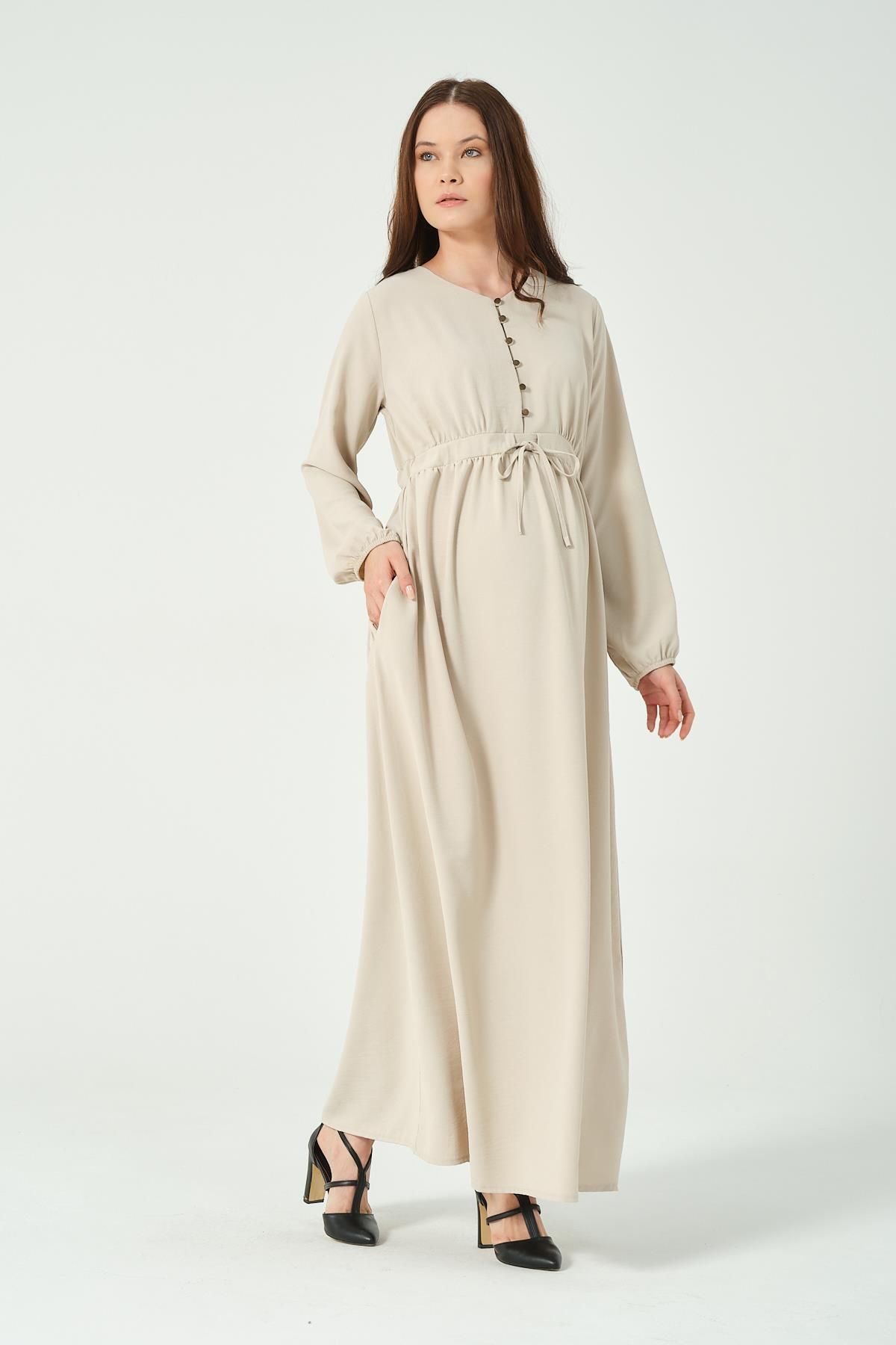 BUSA-Maternity Lace-Up Waist Long Sleeve Maxi Size V-Neck Hijab Dress Cream 4