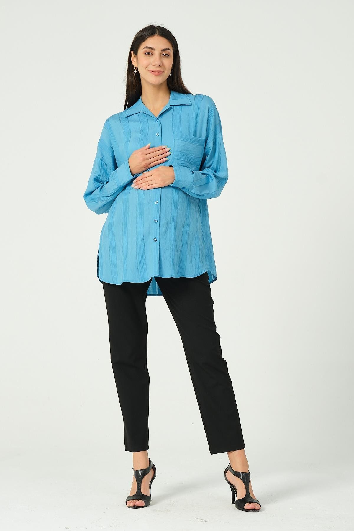 BUSA-Pregnant Front Pocketed Shirt Blue 4