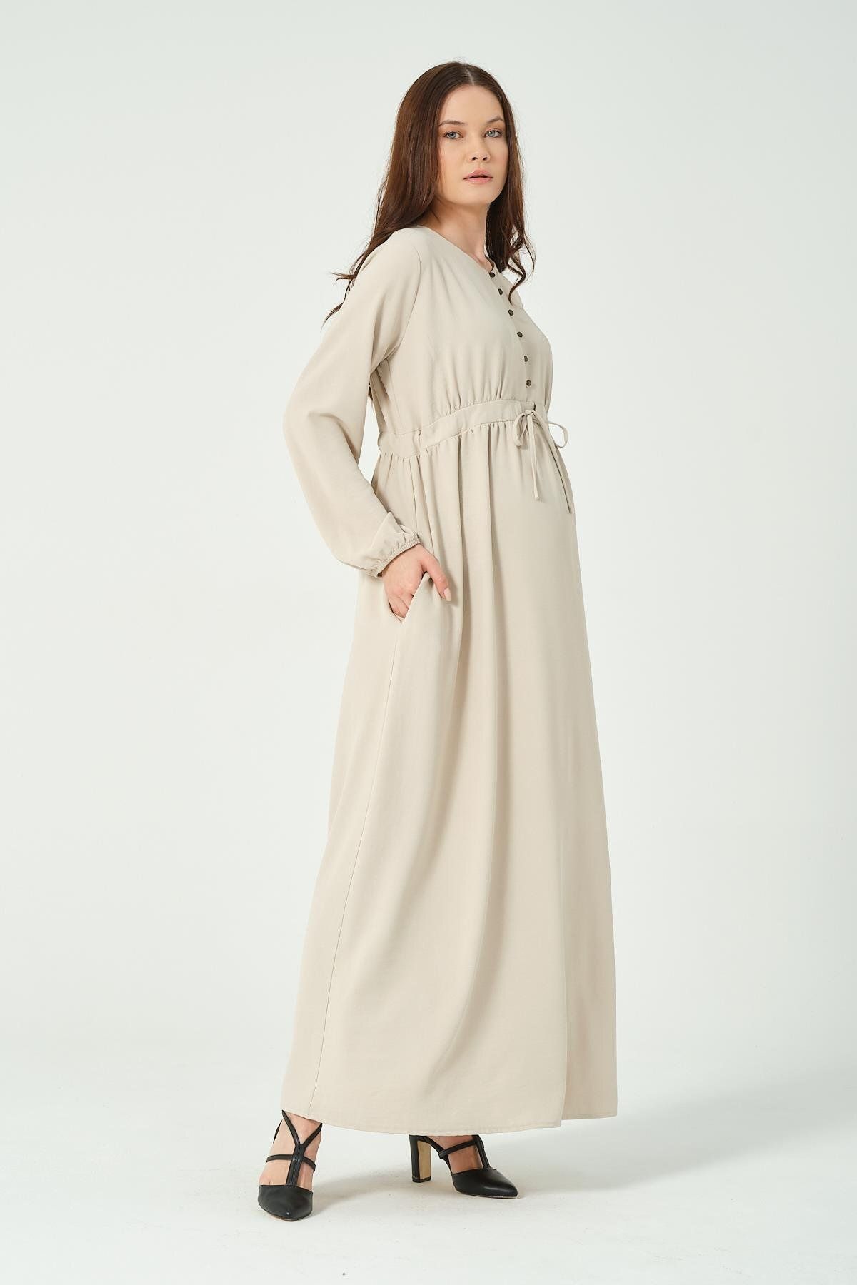 BUSA-Maternity Lace-Up Waist Long Sleeve Maxi Size V-Neck Hijab Dress Cream 2