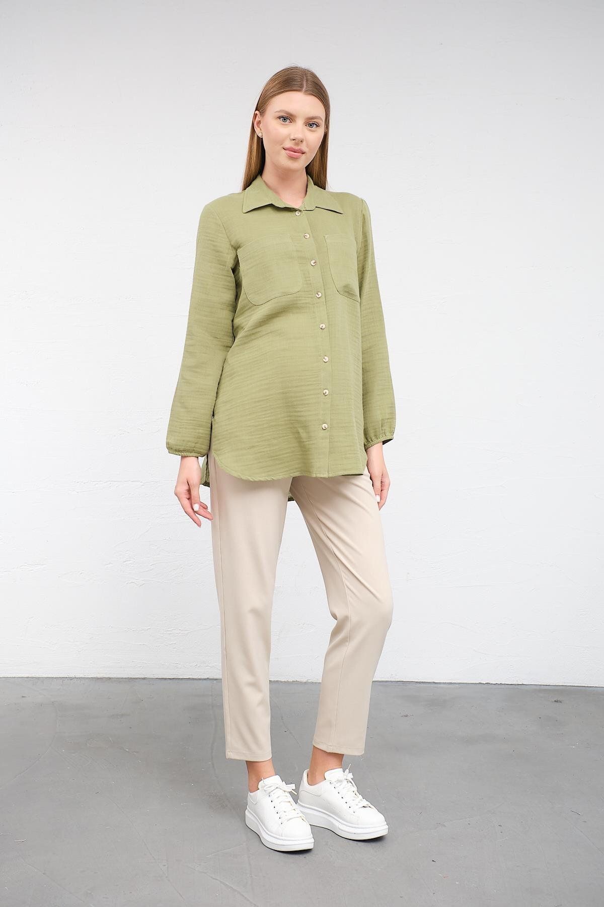 BUSA-Green Linen Shirt - Maternity Sleeve Elastic, Front Pocket 3