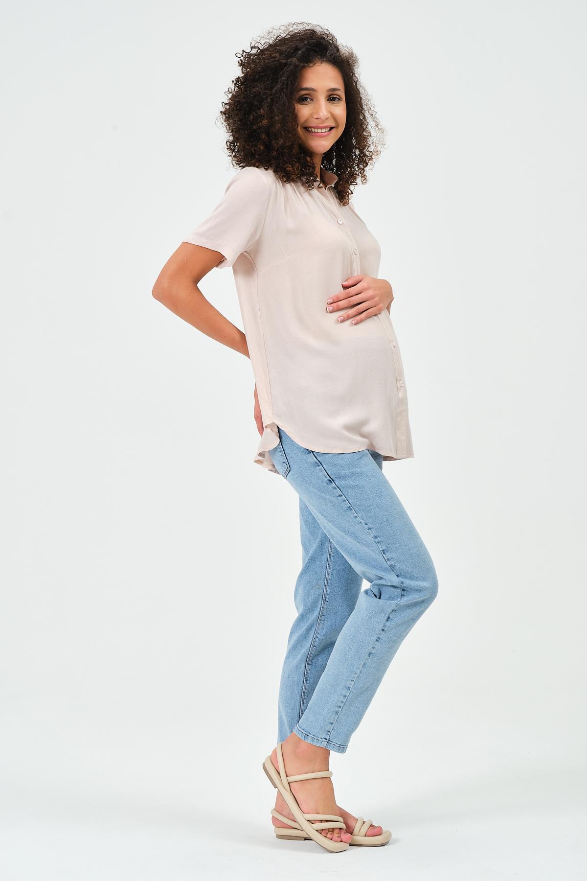 BUSA-Maternity Linen Short Sleeve Shirt Beige 4