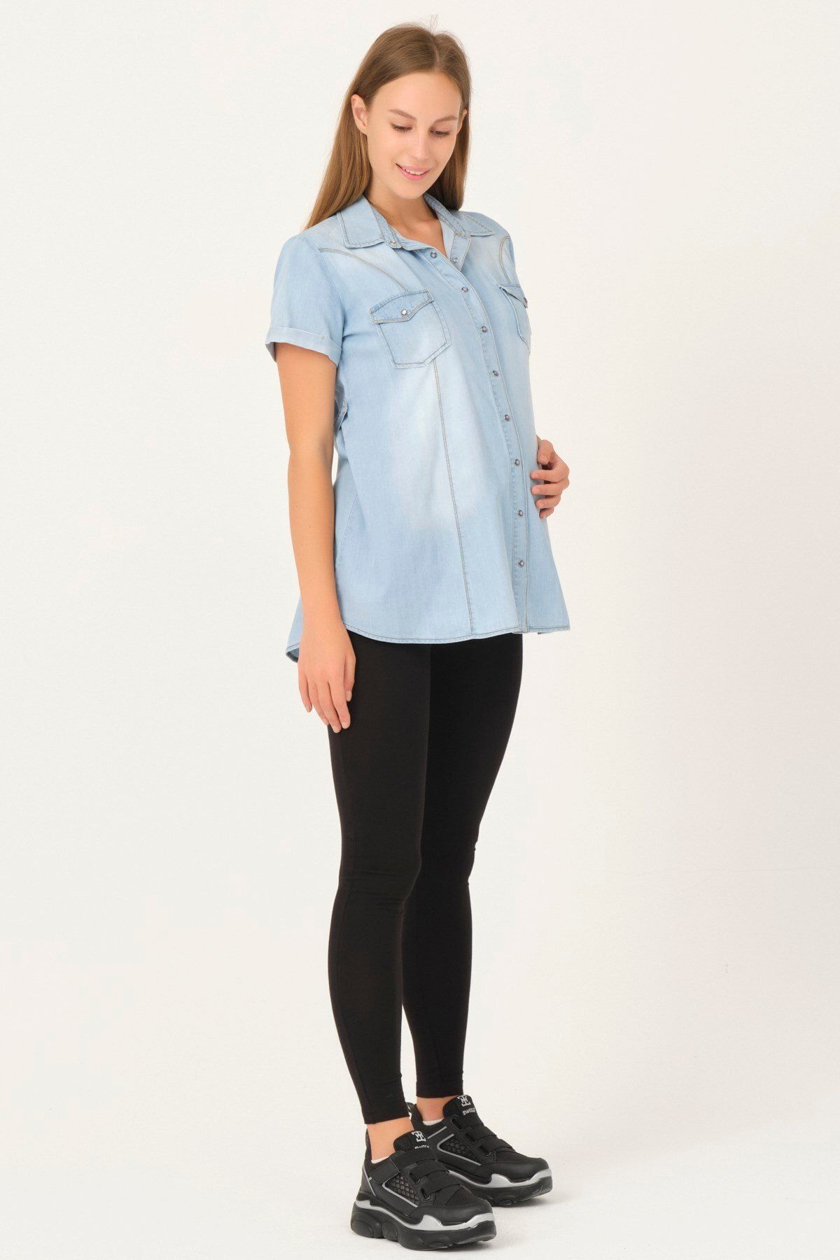 BUSA-Pregnant Front Buttoned Denim Shirt Blue 4