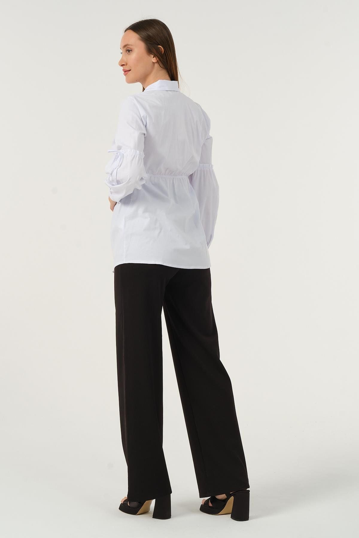 BUSA-White Maternity Shirt - Front Button and Waist Lace Sleeve Detail 6