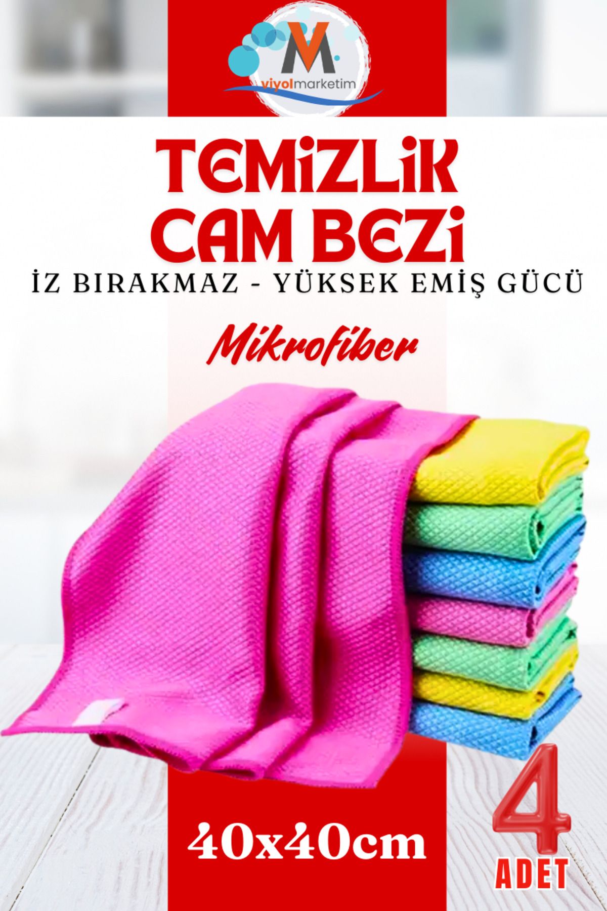 (4 ADET) 40x40 Cm Mikrofiber Temizlik Bezi - Cam, Araba Ve Mutfak Temizliği Için Silme Bezi