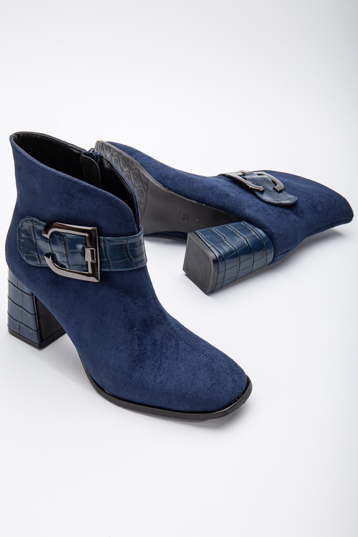 Dilimler Ayakkabı-Suede Metal Belted Navy Blue Women's Heeled Boots 1