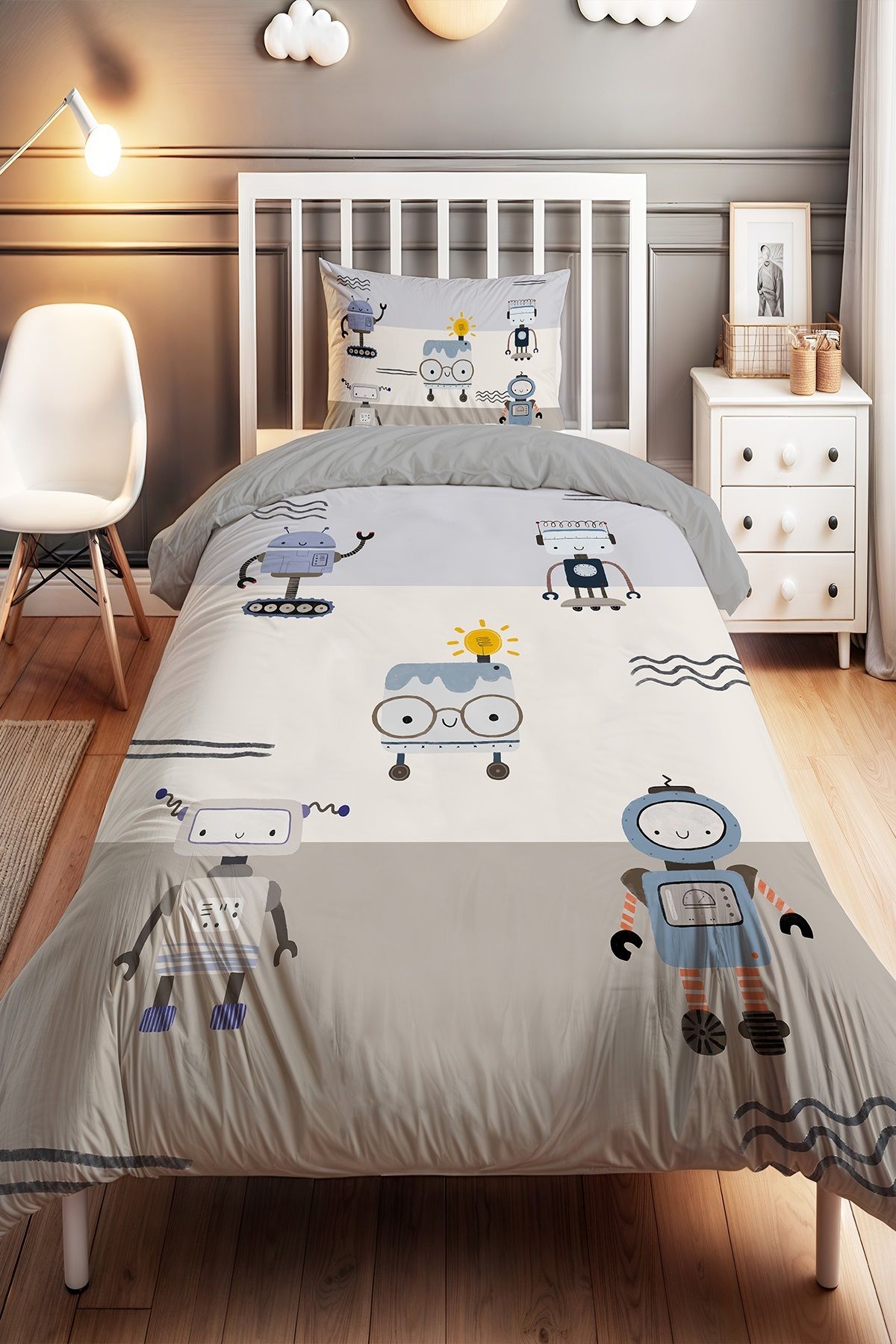 EVPANYA-Striped Robots Set Patterned Single Baby Kids Bedding Set 1