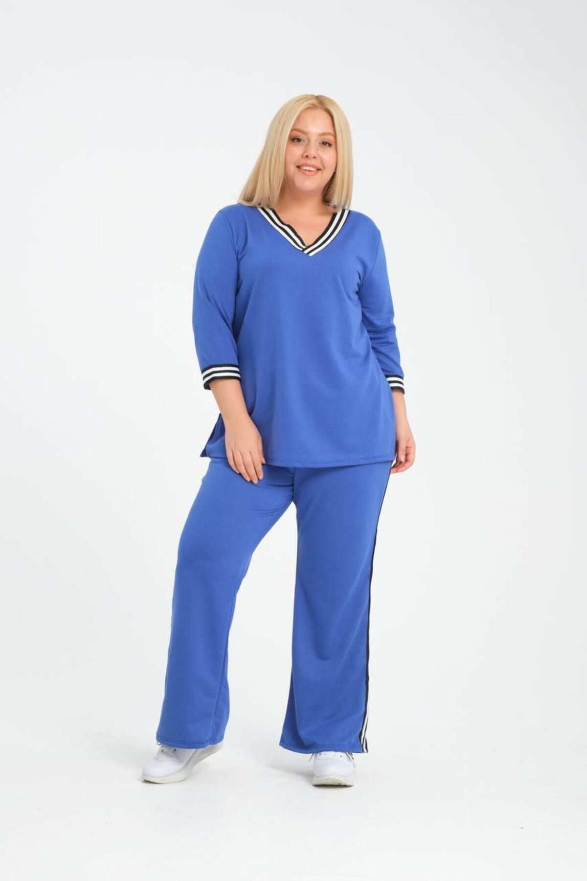 garajmood-Blue Stripe Detailed Long Sleeve Comfortable Sports Large Size Women's Tracksuit Set 2